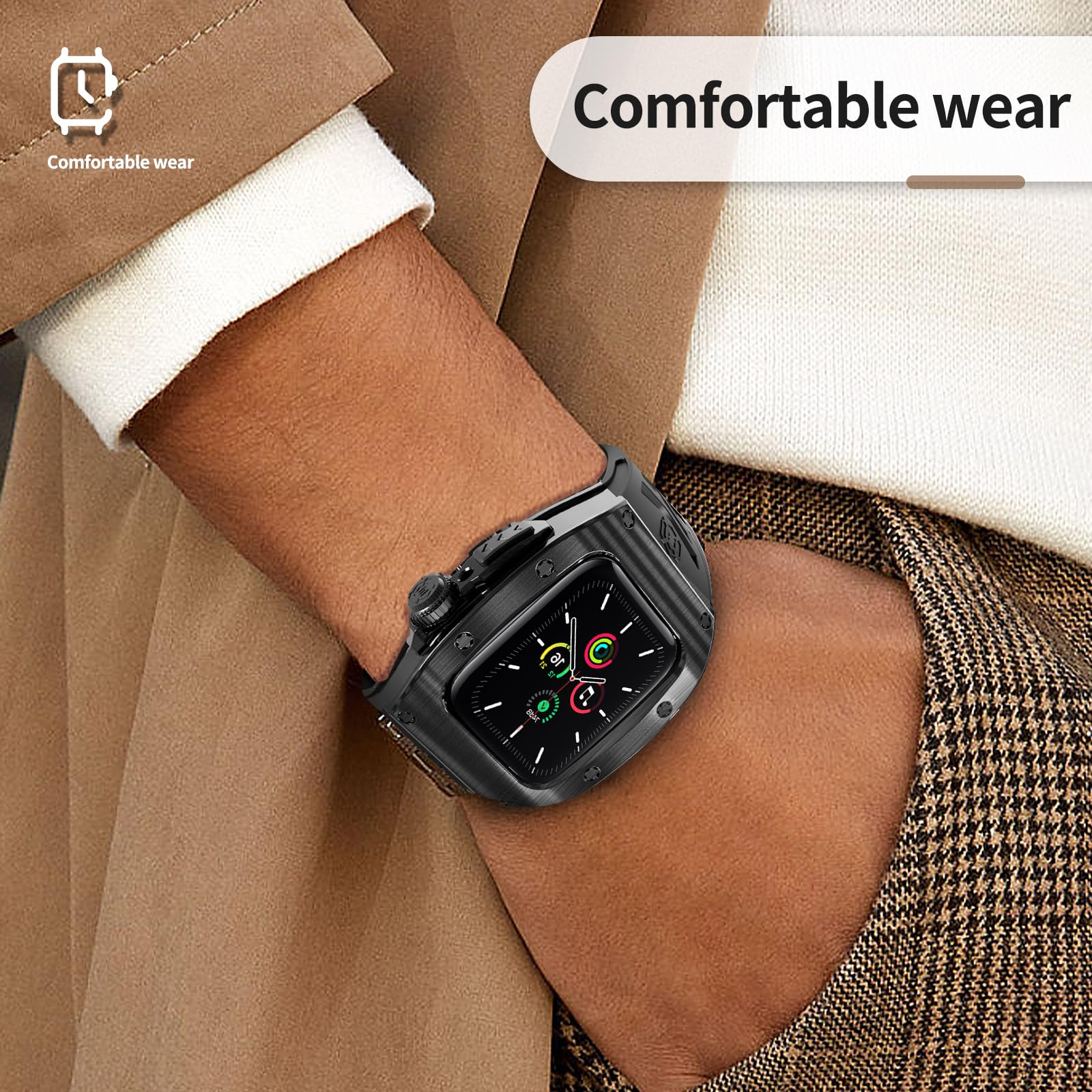 Premium Shockproof Armor Stainless Steel Smartwatch Case with Sport Band - Compatible with Apple Watch Series 9/8/7/SE2/6/5/SE/4 (44mm/45mm) - Durable Protection for Gym, Running & Outdoor Activities (Black)