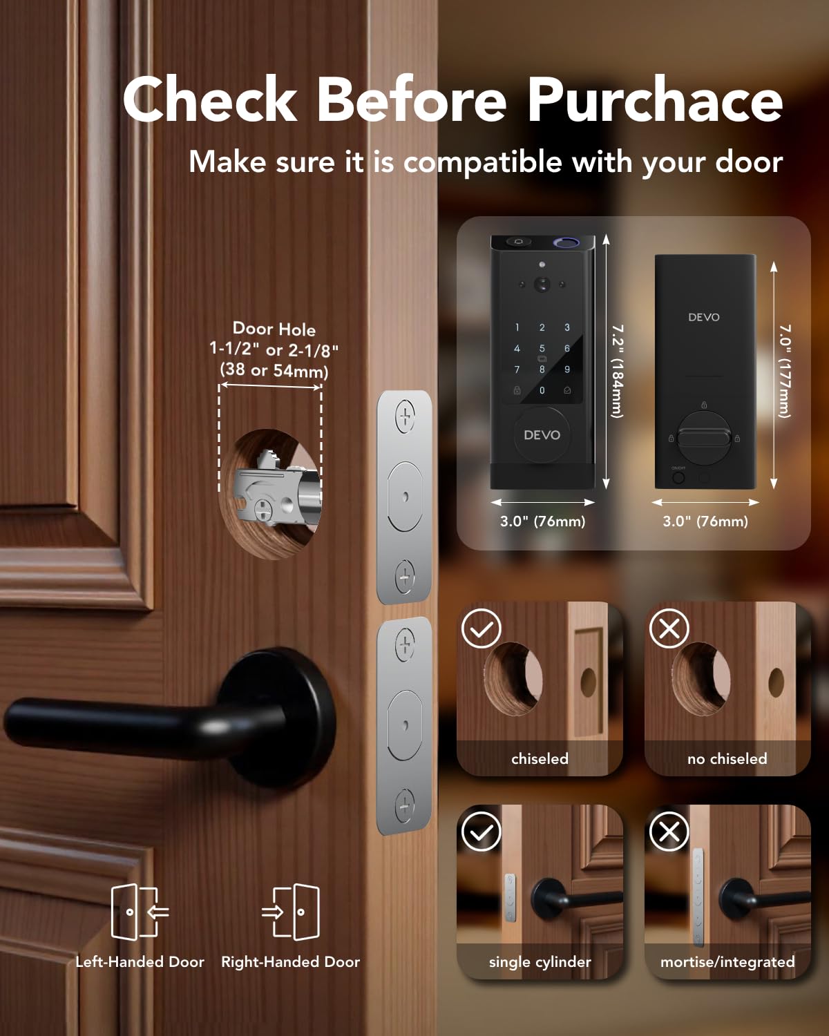 Devo G1 Smart Video Door Lock with Camera & Doorbell - 6-in-1 Keyless Entry, Fingerprint ID, Auto Lock, Wi-Fi Enabled Smart Deadbolt for Front Door - Easy Installation, Waterproof, BHMA Grade 3 - Perfect for Home Security & Smart Access Control