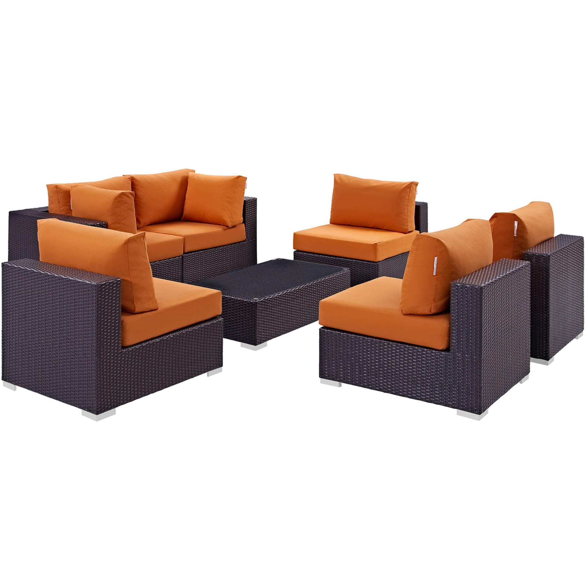 Ergode 7-Piece Outdoor Sectional Sofa Set with All-Weather Cushions - Durable Rattan Wicker Patio Furniture in Espresso & Orange - Perfect for Backyard, Poolside & Garden Relaxation