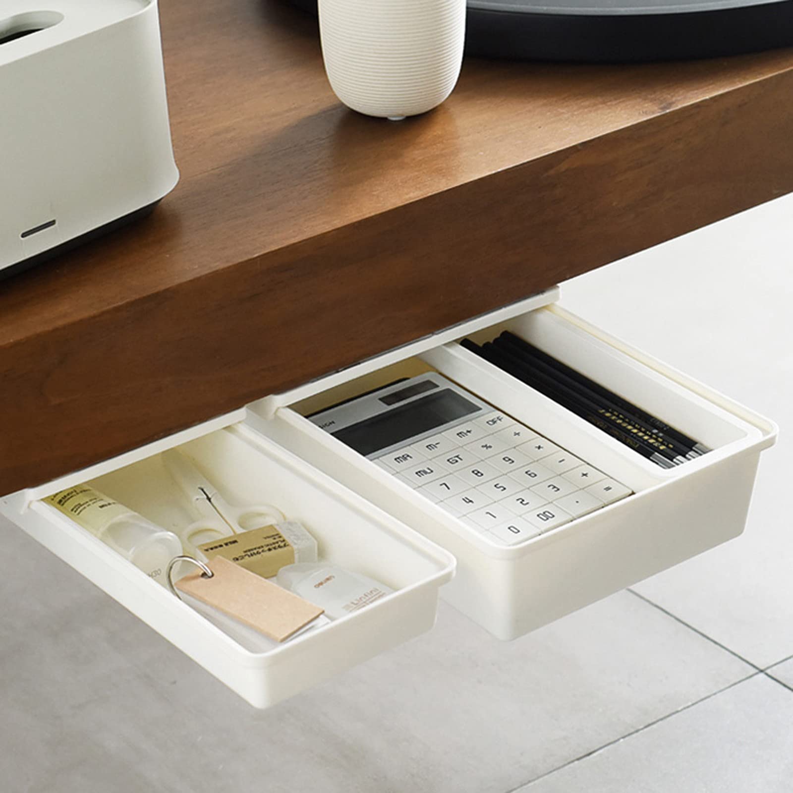 Under Desk Storage Organizer - Small Plastic Drawer with Compartments for Stationery, Pencils & Office Supplies | Self-Adhesive Hidden Desktop Organizer for Home & Office Workspace