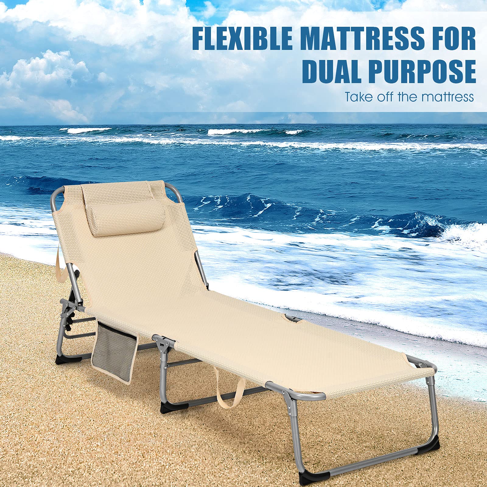 Giantex Adjustable Folding Chaise Lounge Chair with Mattress & Pillow - 4 Reclining Positions, Side Pocket - Perfect for Beach, Pool, Patio, Lawn, Deck & Camping (Beige, 2-Pack) - Ideal for Sunbathing, Relaxing & Outdoor Leisure