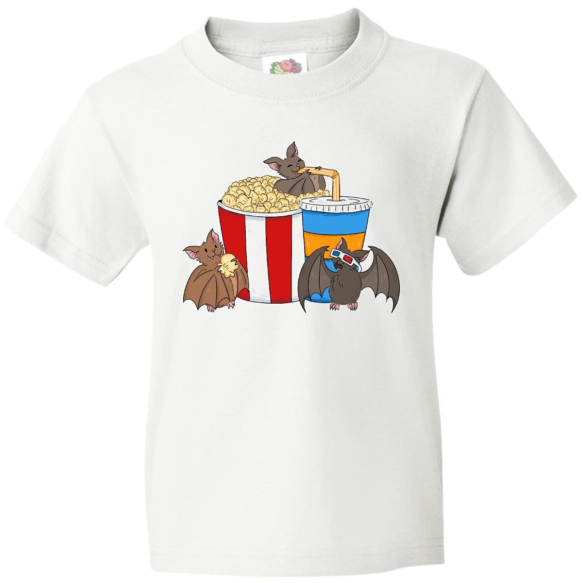 Inktastic Movie Loving Bats with Popcorn and Soda Youth T-Shirt - Cute Bat Design Kids Tee for Movie Nights, Halloween & Birthday Parties