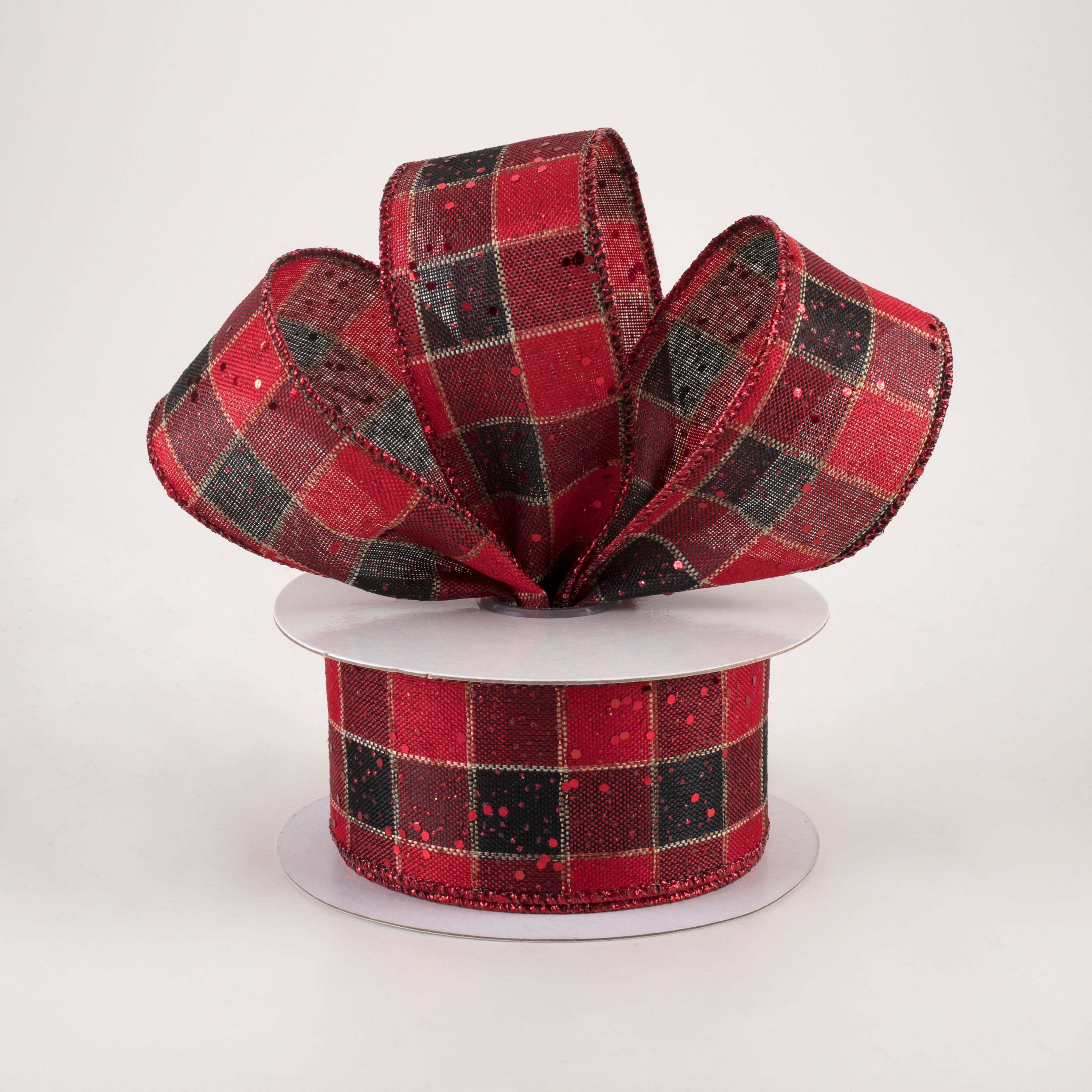 1.5 Inch Check Hex Glitter Ribbon - Red and Black Craft Ribbon (10 Yards) for Gift Wrapping, DIY Projects, and Holiday Decorations