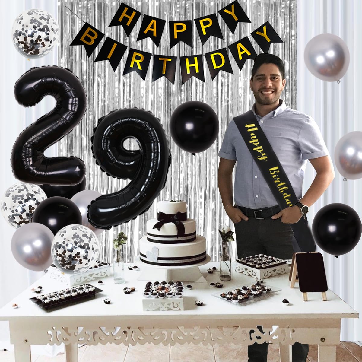 JOYMEMO 29th Birthday Party Decorations Set for Men & Women - Silver 'Last Year in My 20s' Banner, Whiskey Theme Balloons, Number 29 Foil Balloons & Birthday Sash - Perfect for 29th Birthday Celebrations, Milestone Parties & Adult Whiskey-Themed Events