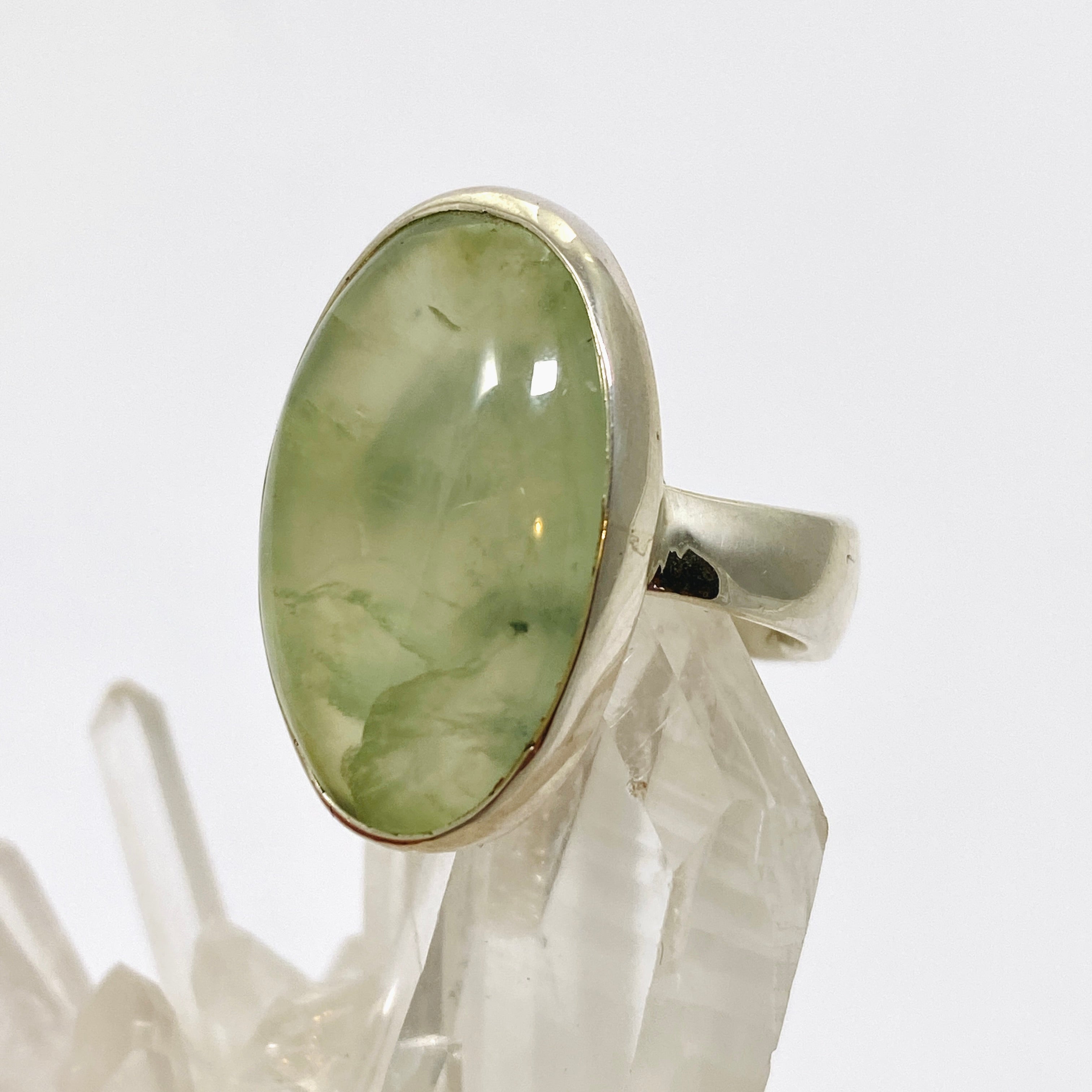Prehnite Oval Cabochon Ring - Size 8 Sterling Silver Jewelry KRGJ3355 | Perfect for Boho Chic Outfits & Spiritual Healing