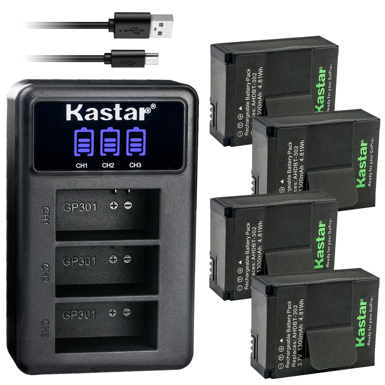 Kastar 4-Pack 3.7V Battery & LCD Triple USB Charger for SP-Gadgets POV Light & Powerbar Duo - Perfect for Outdoor Adventures, Travel, and Emergency Power Backup