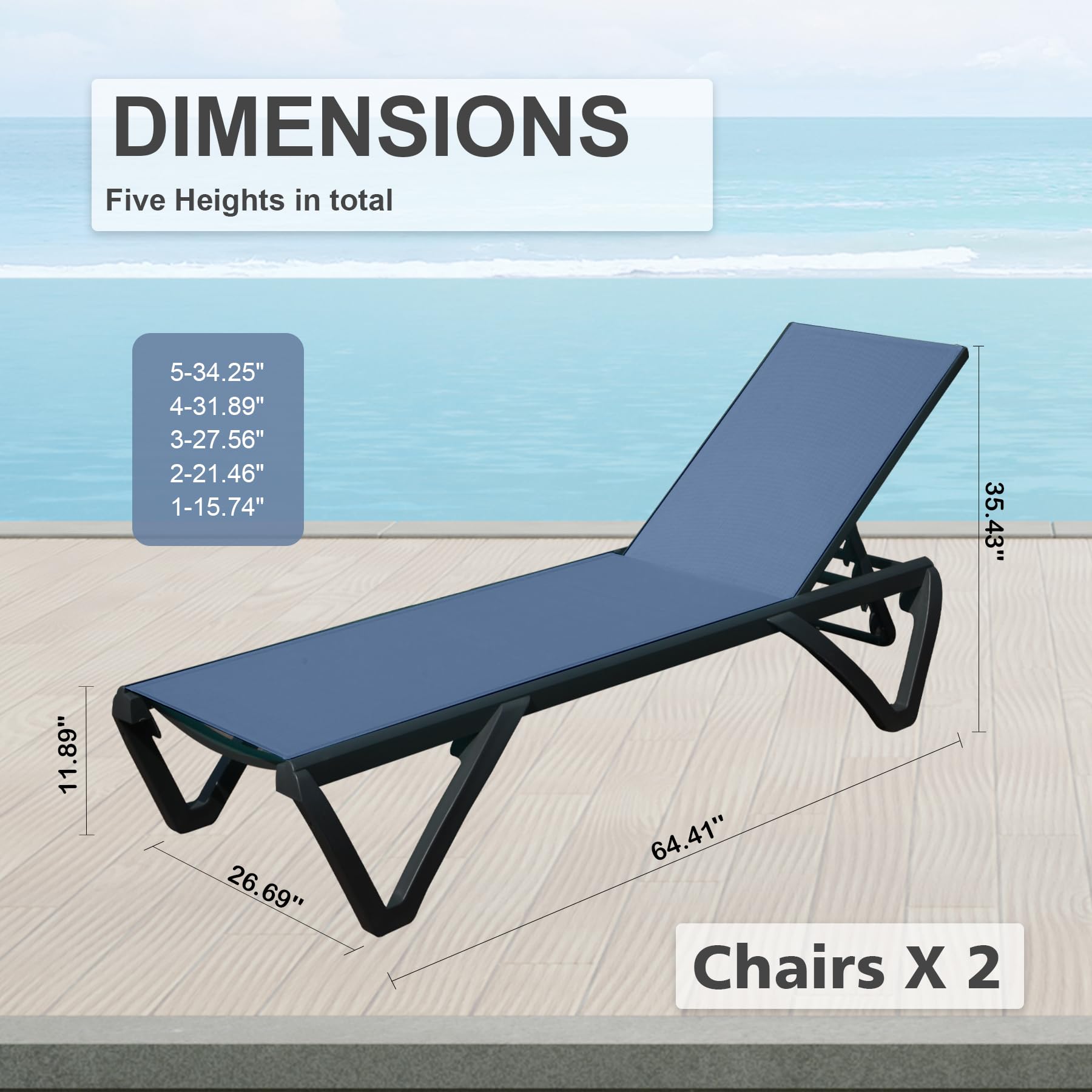 Domi Adjustable Aluminum & Plastic Pool Lounge Chairs Set of 2 - All-Weather Outdoor Chaise Lounge for Beach, Poolside & Lawn (Navy Blue Textilene) | Perfect for Sunbathing, Relaxing by the Pool & Backyard Lounging