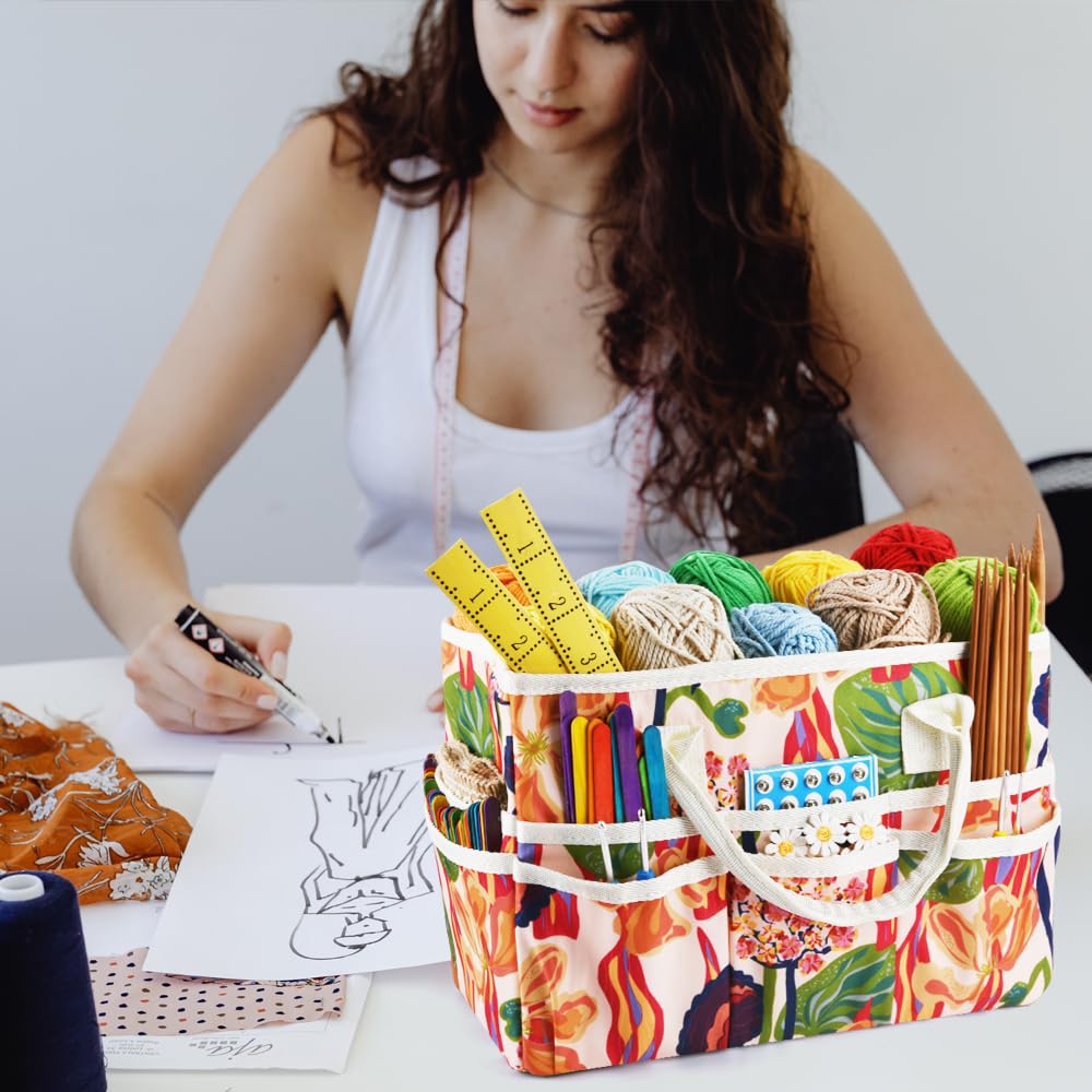 E-WEICHEN Craft Organizer Tote Bag with Multiple Pockets - Art & Office Supplies Storage Container for Artists, Crafters & Students - Perfect for DIY Projects, School & Home Organization - Abstract Flower Design