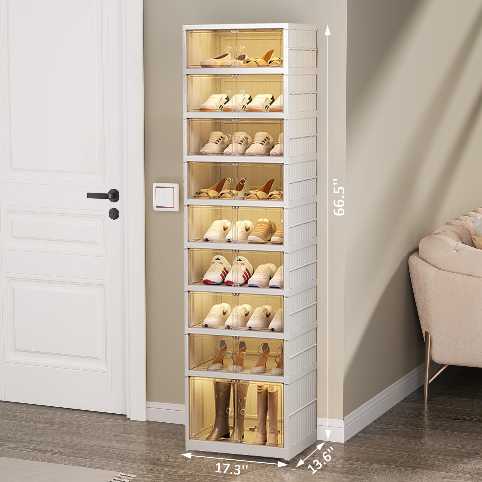9-Tier Foldable Shoe Rack Organizer - Holds 18 Pairs of Shoes | Collapsible Sneaker Storage Cabinet with Doors & Lids | Stackable Closet & Entryway Shoe Shelf for Living Room, Bedroom & Hallway Organization