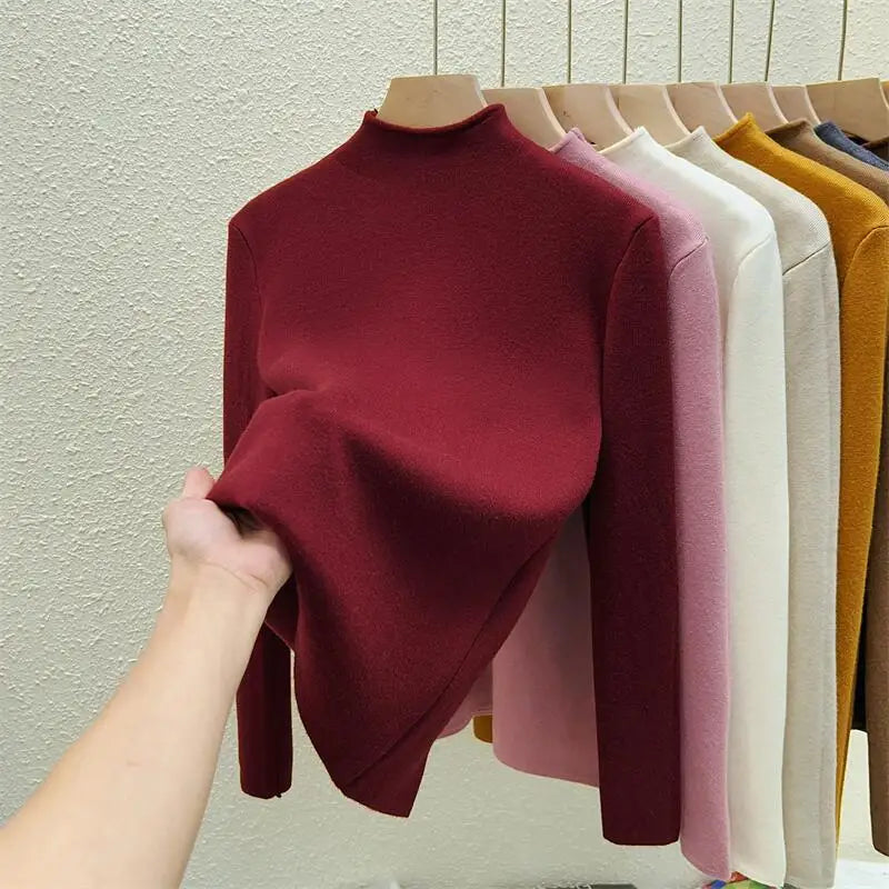 Women's Solid Half High Neck Velvet Sweater - Korean Fashion Warm Knitwear Long Sleeve Pullover Top for Autumn Winter | Cozy Casual Wear, Office Outfits & Holiday Layering
