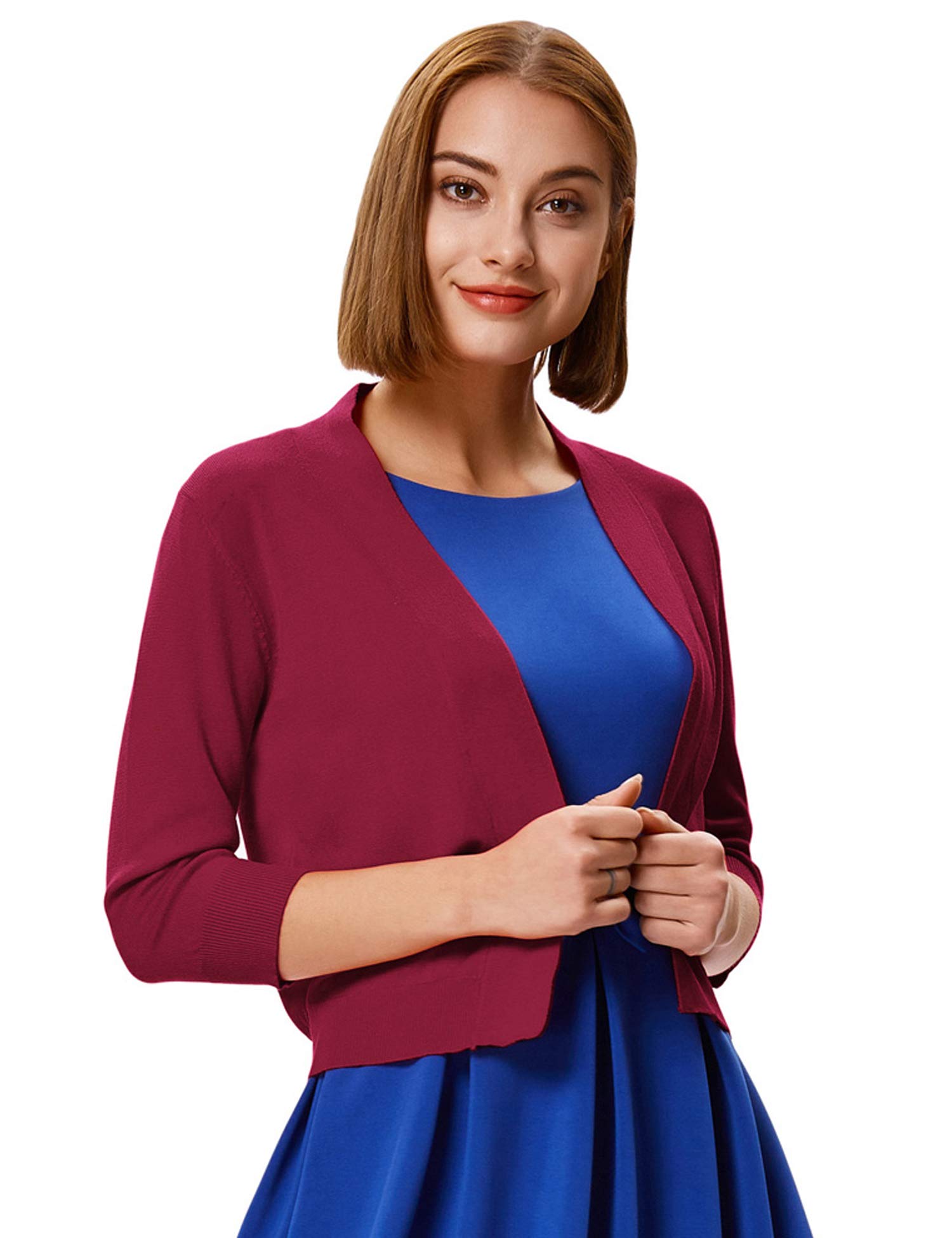 GRACE KARIN Women's 3/4 Sleeve Cardigan Sweater - Cropped Open Front Knit Shrug Bolero Jacket for Office, Casual & Evening Wear