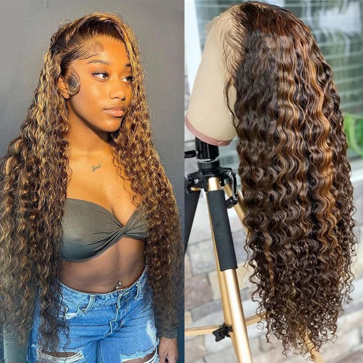 ISEE Grade 10A Human Hair Lace Front Wig - Pre Plucked Wet & Wavy 150% Density with Baby Hair & Transparent Lace Closure | 22 Inch Honey Blonde Highlights | Perfect for Daily Wear, Cosplay & Special Occasions