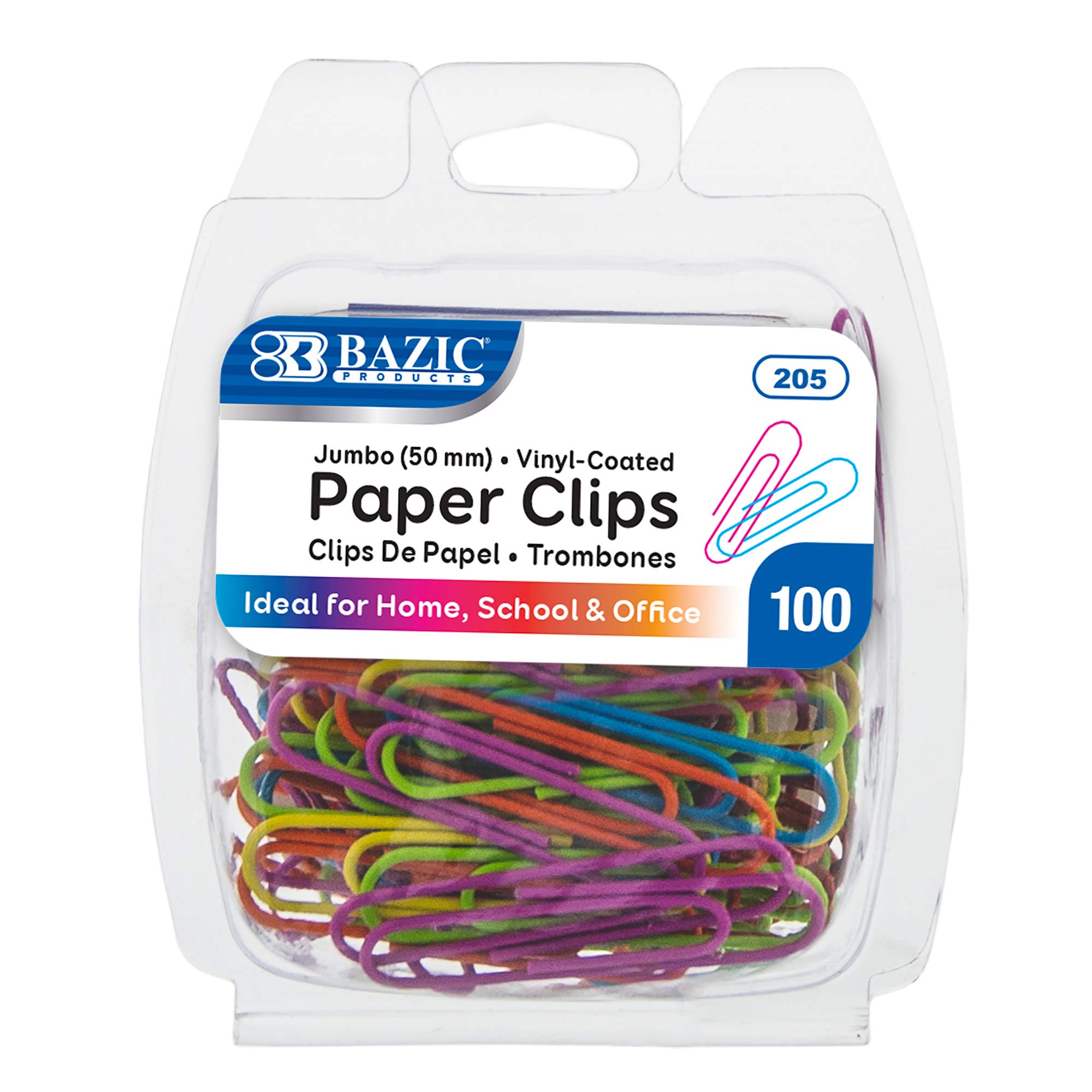 BAZIC Jumbo 50mm Assorted Color Coated Paper Clips - Large Medium Colored Document Clamps (100/Pack, 72-Packs) for Office, School, and Home Organization