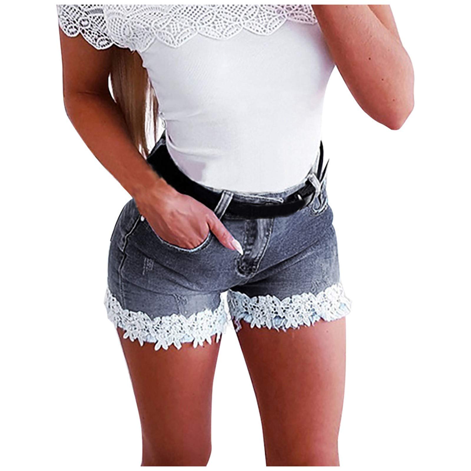 Women's Slim Denim Shorts - Stretchy Elastic Waist with Zipper & Lace Trim - High Waisted Jean Shorts for Summer, Casual Outfits & Beach Wear