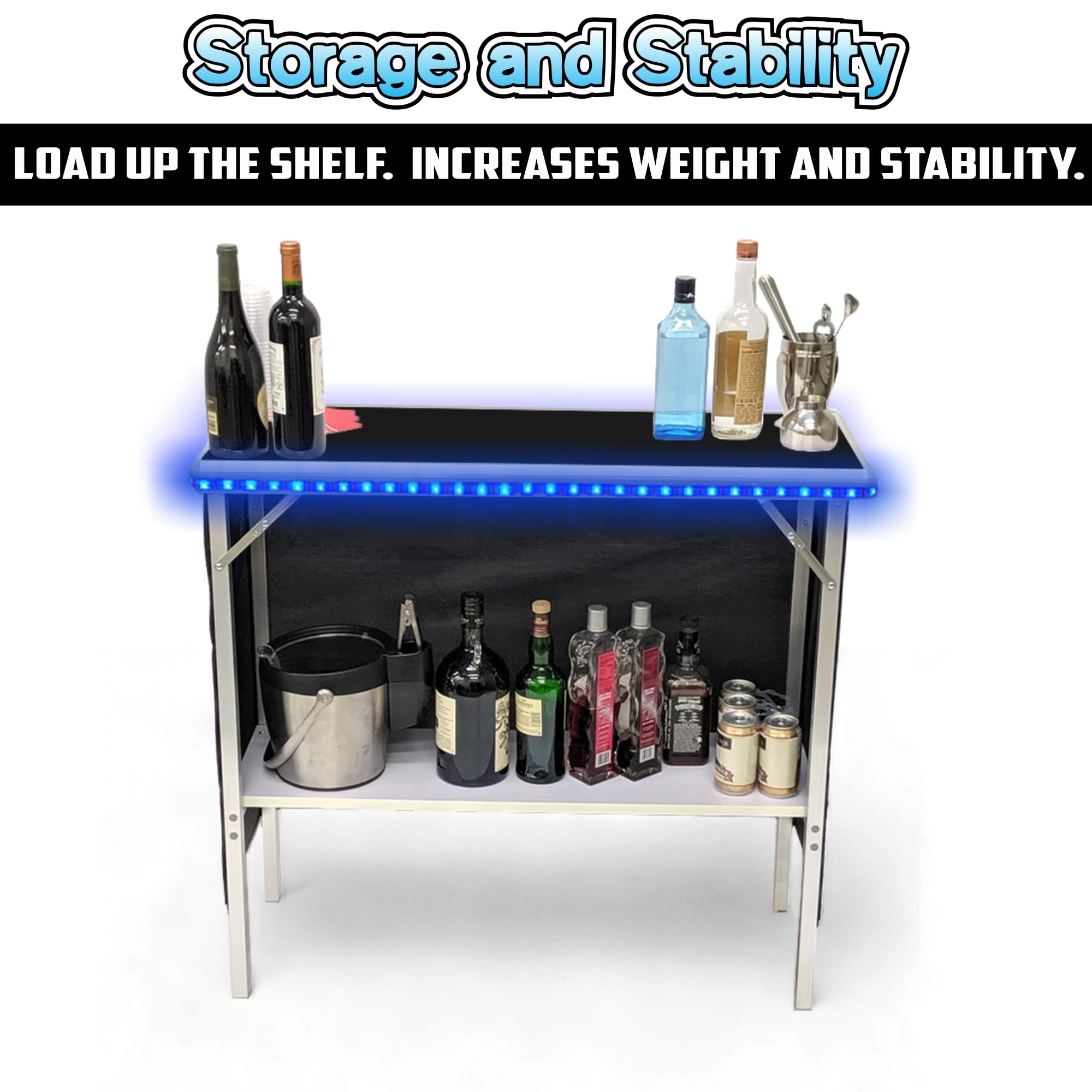 PartyPong Folding Portable Double Bar with LED Lights - Wireless Remote, 2 Bar Skirts, Storage Shelf & Carrying Case - Black - Perfect for Home Parties, Outdoor Events & Game Nights