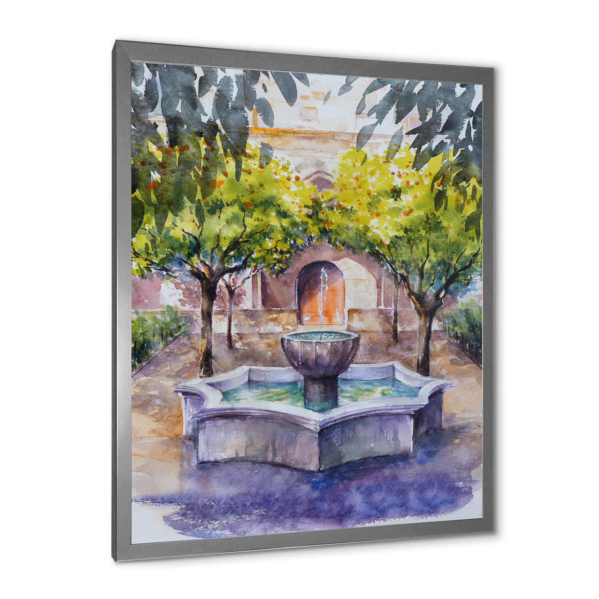DesignQ Framed Wall Art - Small Village Country Fountain Picture with Trees - Perfect for Living Room, Bedroom & Office Decor