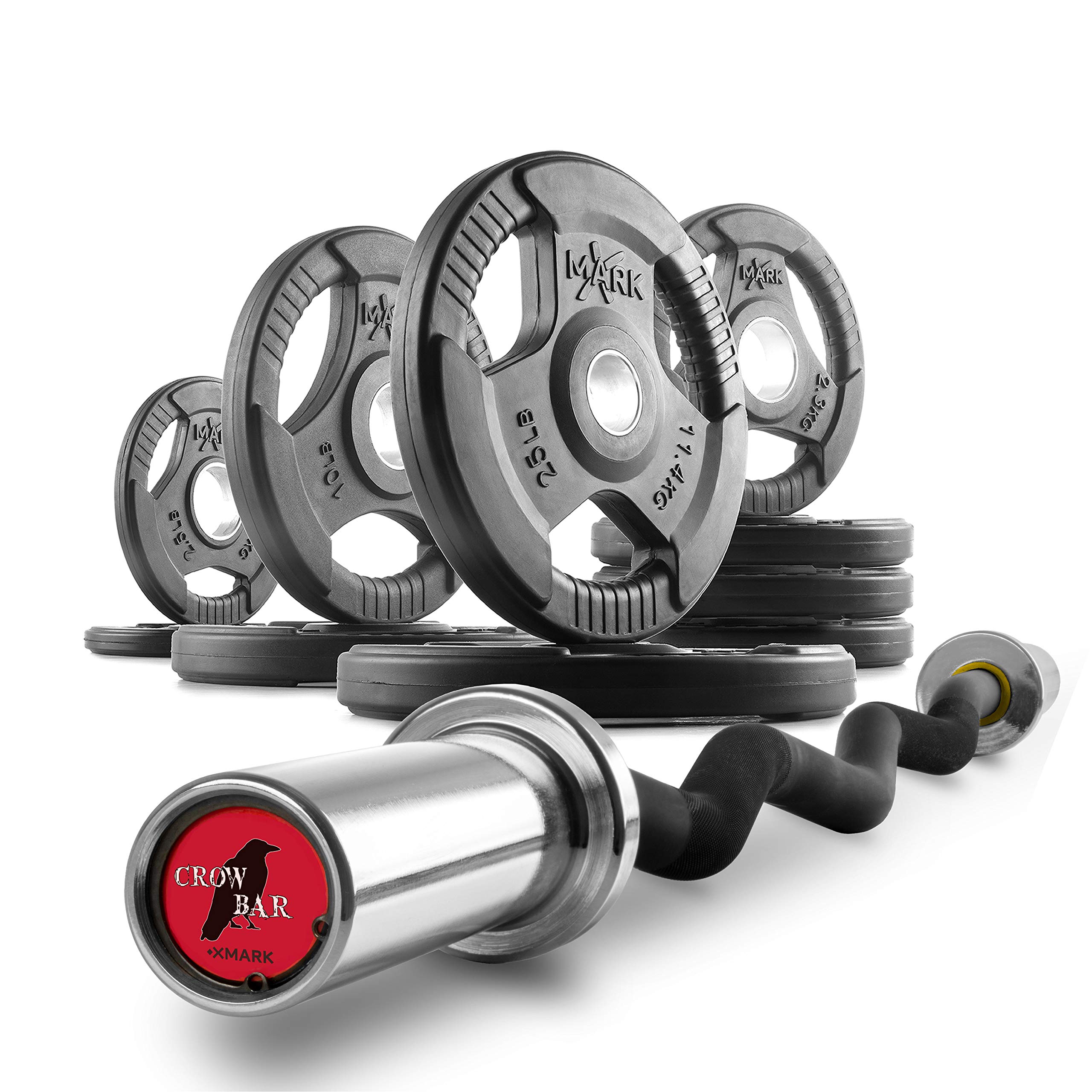 XMark Olympic Weight Set with EZ Curl Bar - 300lb Olympic Barbell Set with TRI-GRIP Weight Plates & CROWBAR-CURL Bar for Strength Training - Perfect for Home Gym, Weightlifting, Bicep Curls & Triceps Workouts