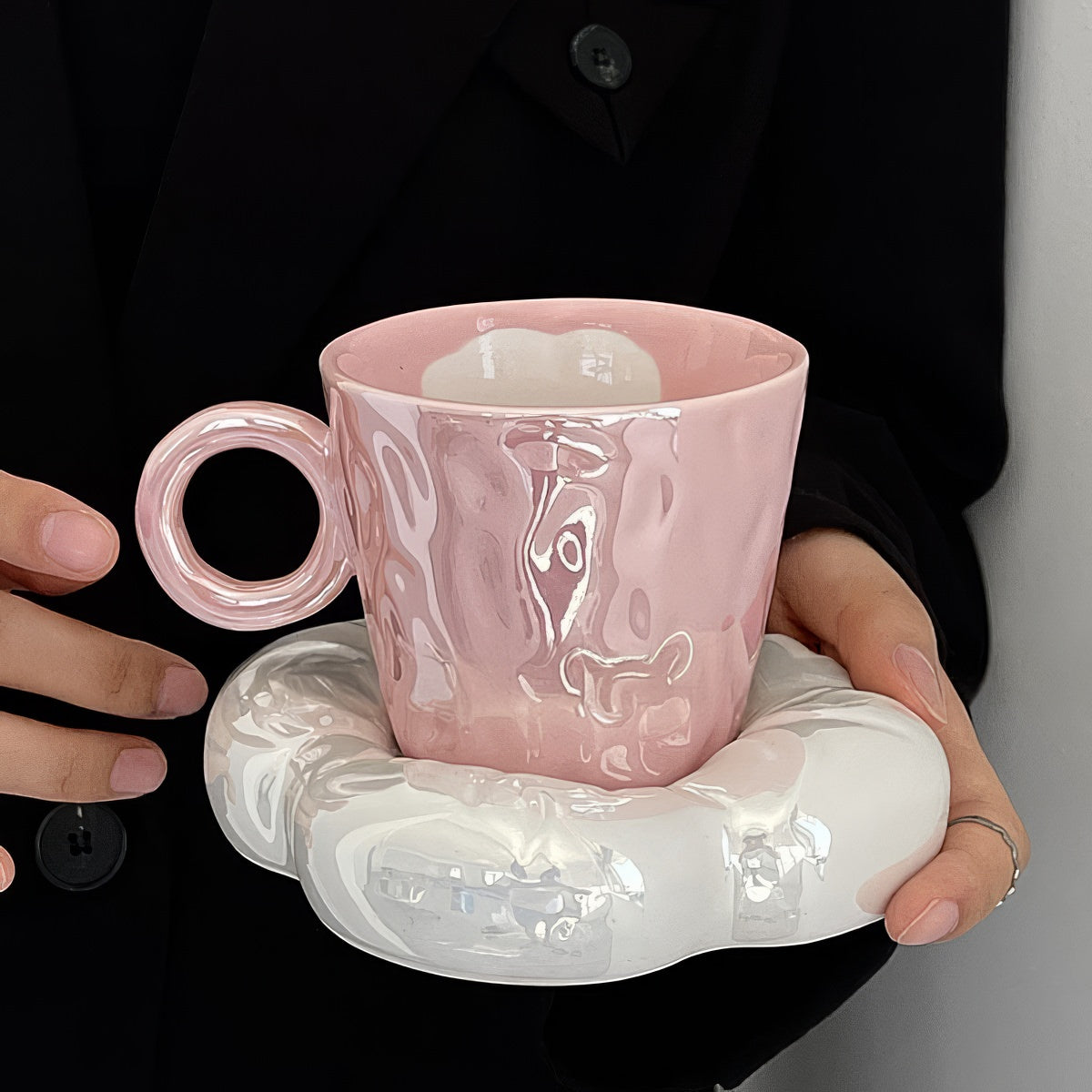 Pink Cloud Ceramic Coffee Cup Set - 4 Piece Porcelain Mugs with Handle, Perfect for Home, Office & Gifts - Ideal for Morning Coffee, Tea & Hot Beverages
