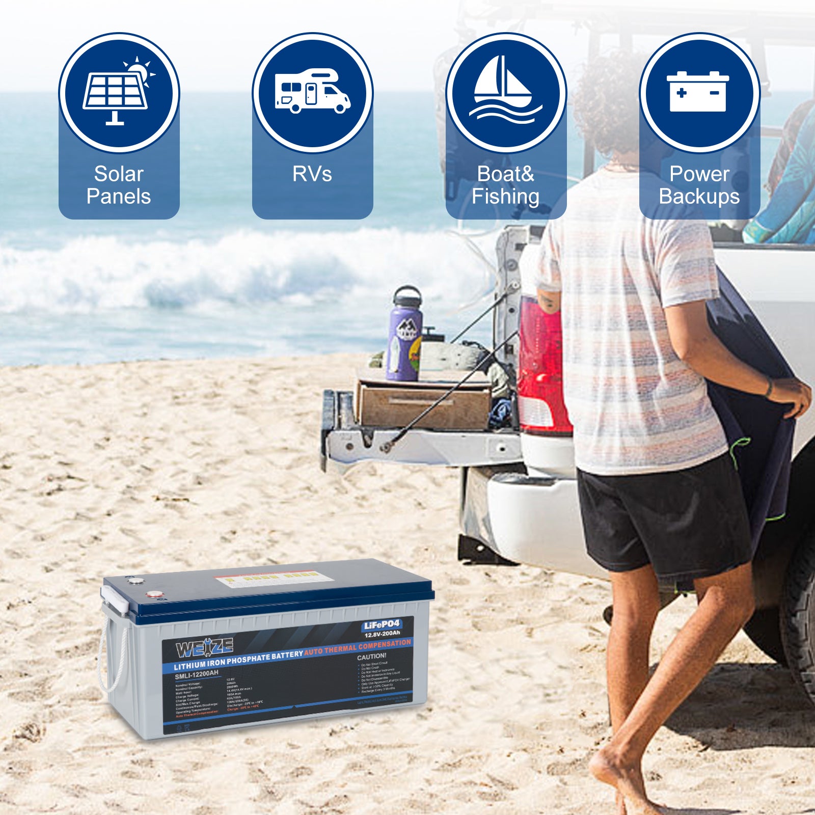 WEIZE 12V 200Ah 2560Wh Heated LiFePO4 Lithium Battery - Deep Cycle for RV, Marine, Solar Power & Off-Grid Applications - Perfect for Camping, Boating & Emergency Backup Power