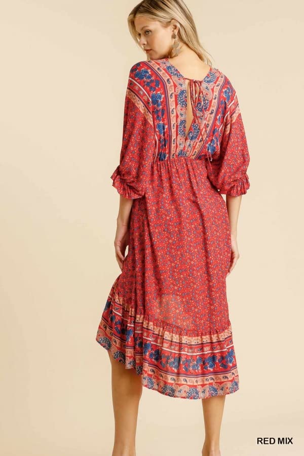 Umgee Women's Mixed Print High Low Midi Dress - Red Floral Summer Dress for Casual Wear, Beach Vacation & Date Night Outfits