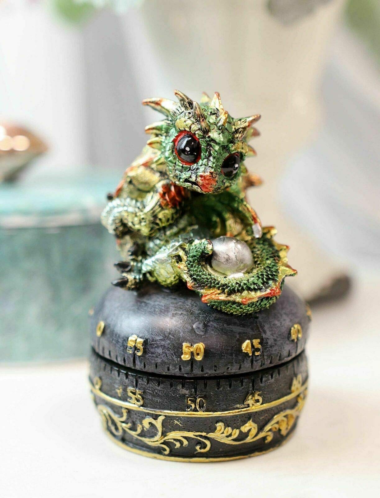 Green Wyrmling Dragon Holding Egg 60-Minute Kitchen Timer - Cute Dragon Figurine for Baking, Cooking Decor & Fantasy Collectibles - Perfect Gift for Dragon Lovers & Home Décor