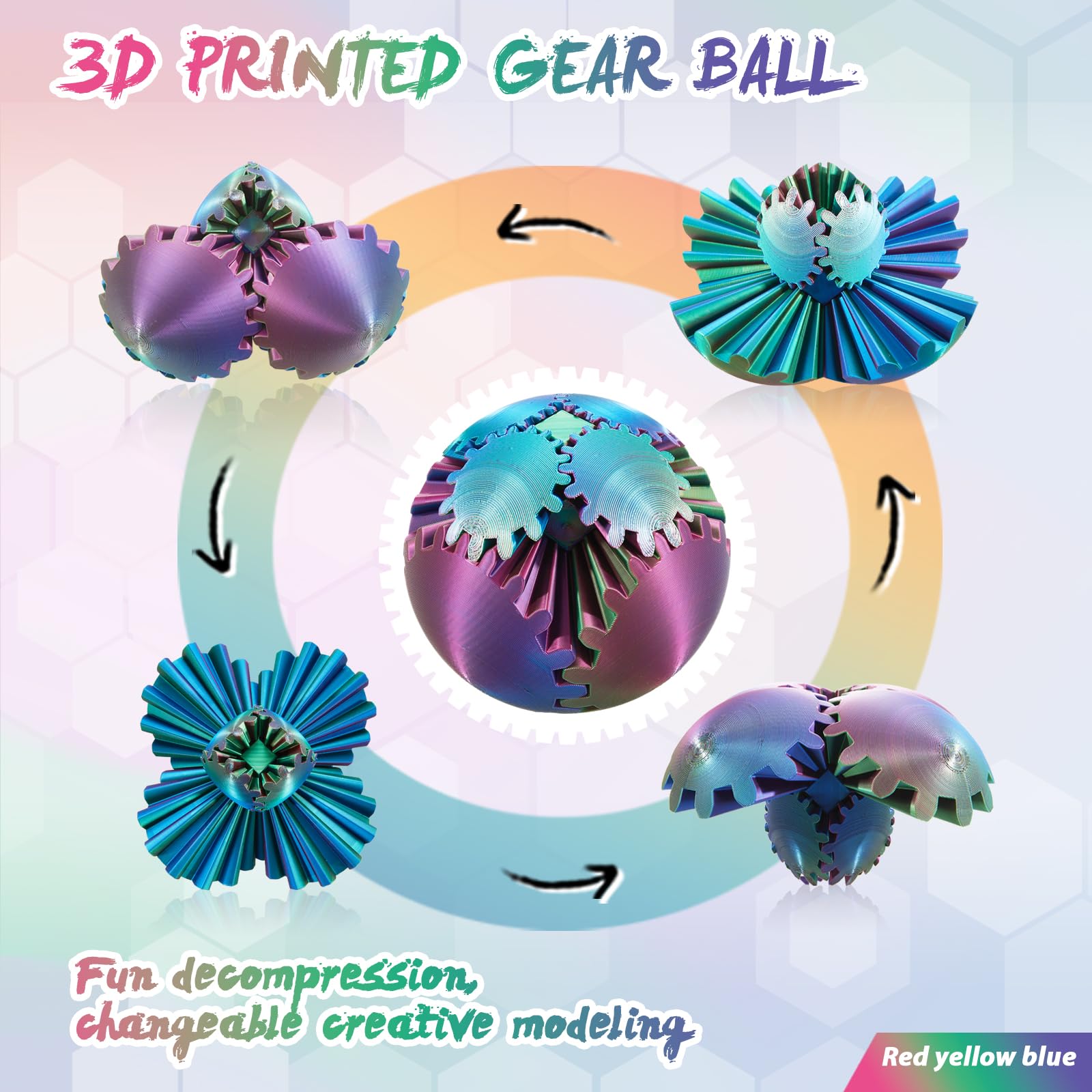 3D Printed Gear Ball - Steampunk Fidget Toy for Adults & Kids, Stress Relief Spin Cube, Red Green Blue - Perfect for Office, Classroom & Travel Anxiety Relief