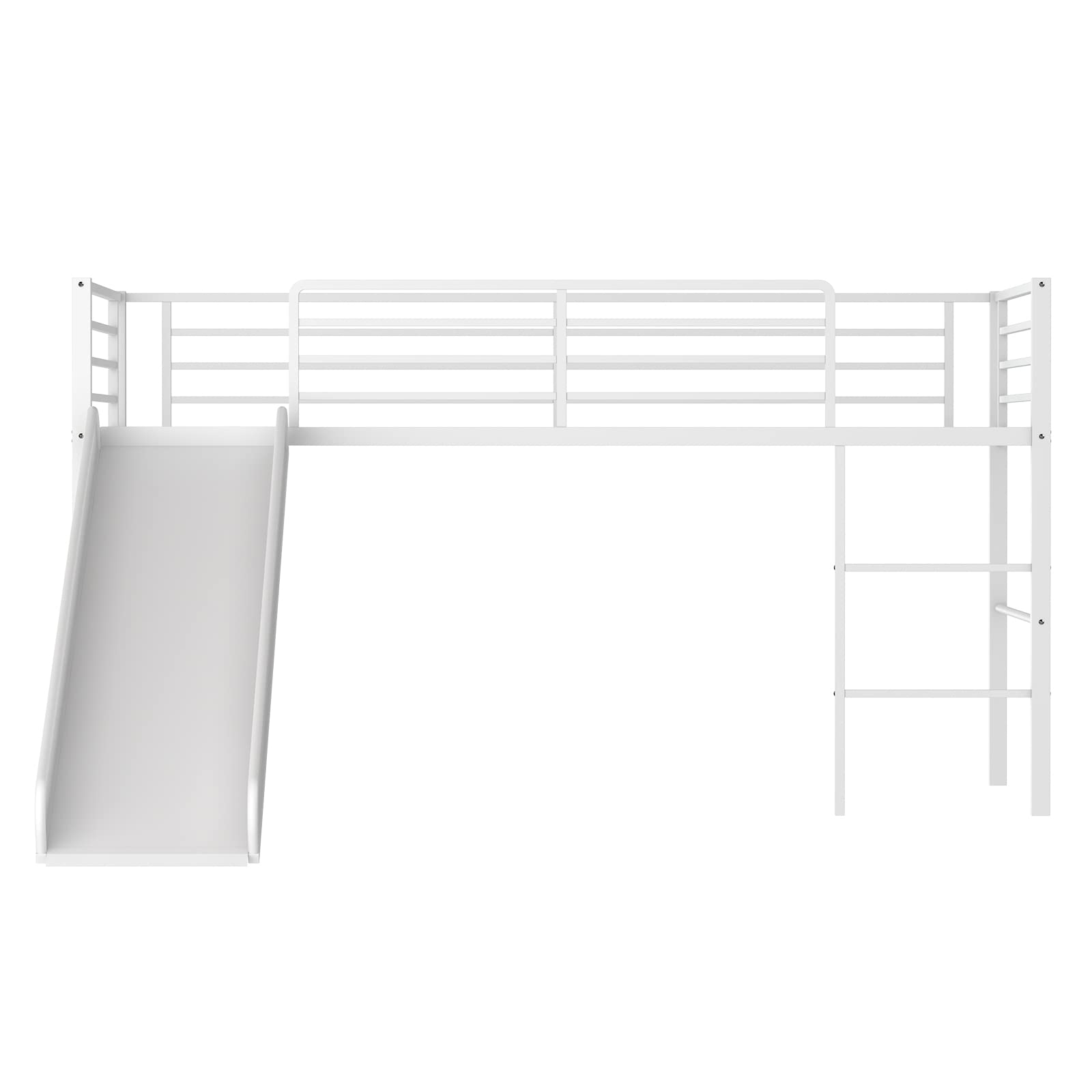 Giantex Twin Loft Bed with Slide - Sturdy Metal Low Bunk Bed with Safety Guardrails & Built-in Ladder - Kids Floor Bed Frame for Boys & Girls - No Box Spring Needed - White - Perfect for Small Bedrooms, Playrooms & Sleepovers