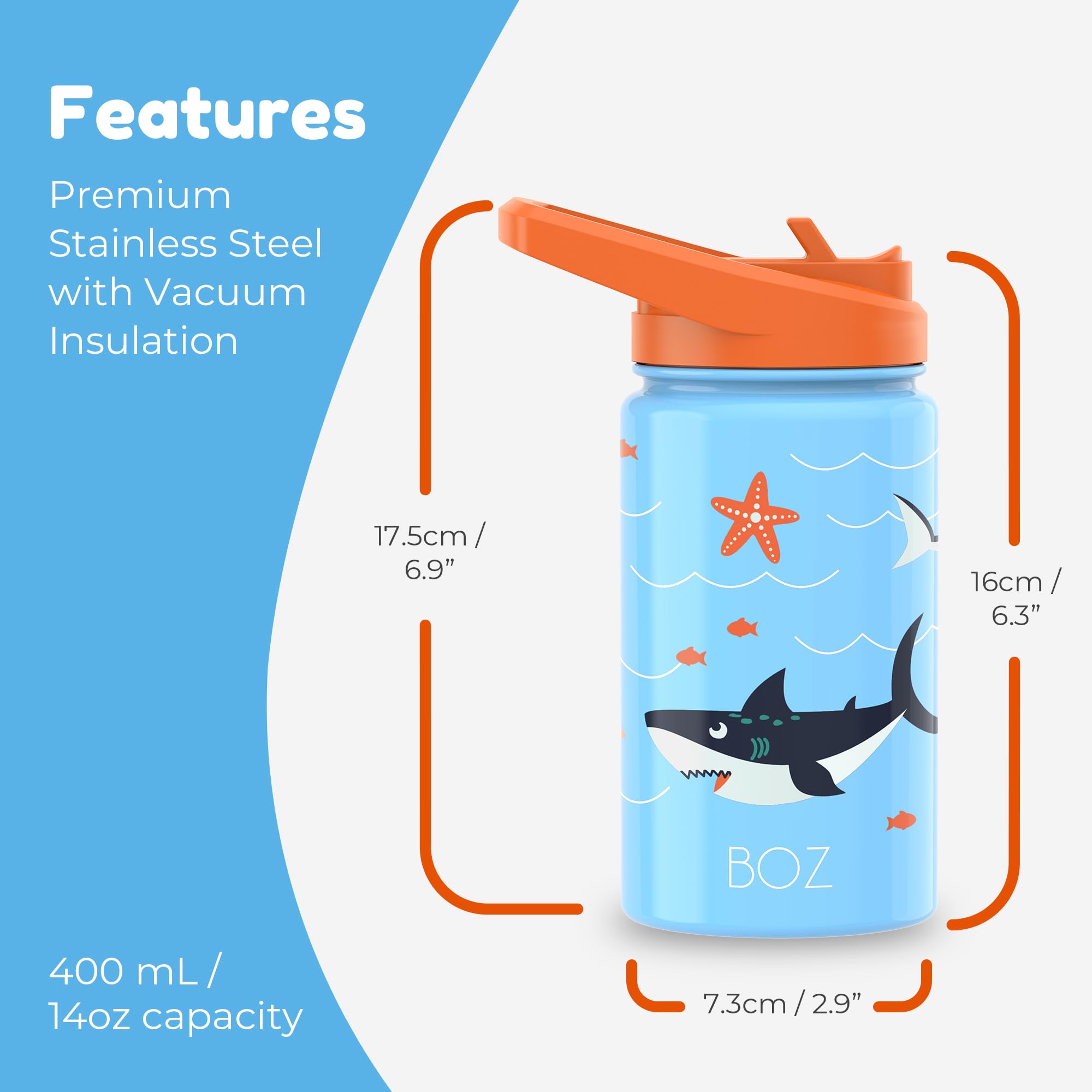 BOZ Stainless Steel Insulated Water Bottle for Kids & Toddlers - 14oz (414ml) Leak Proof with Straw Lid, Perfect for School, Travel & Outdoor Activities - Sharks Design