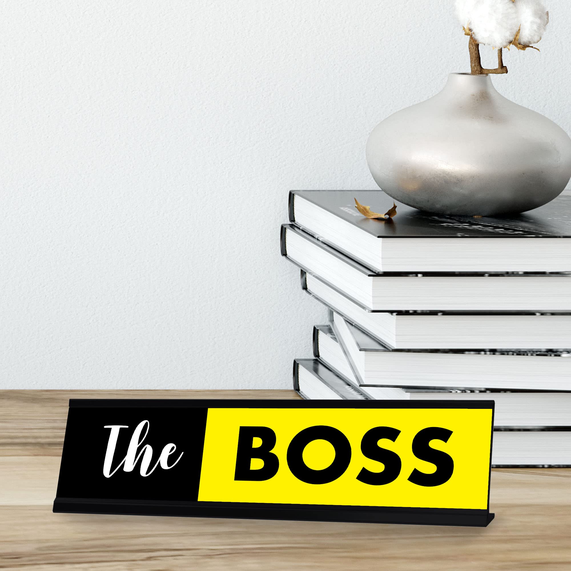 The Boss Novelty Office Sign - Black & Yellow Desk Plaque (2x8 Inch) - Perfect for Gifts, Office Decor, and Workstation Motivation