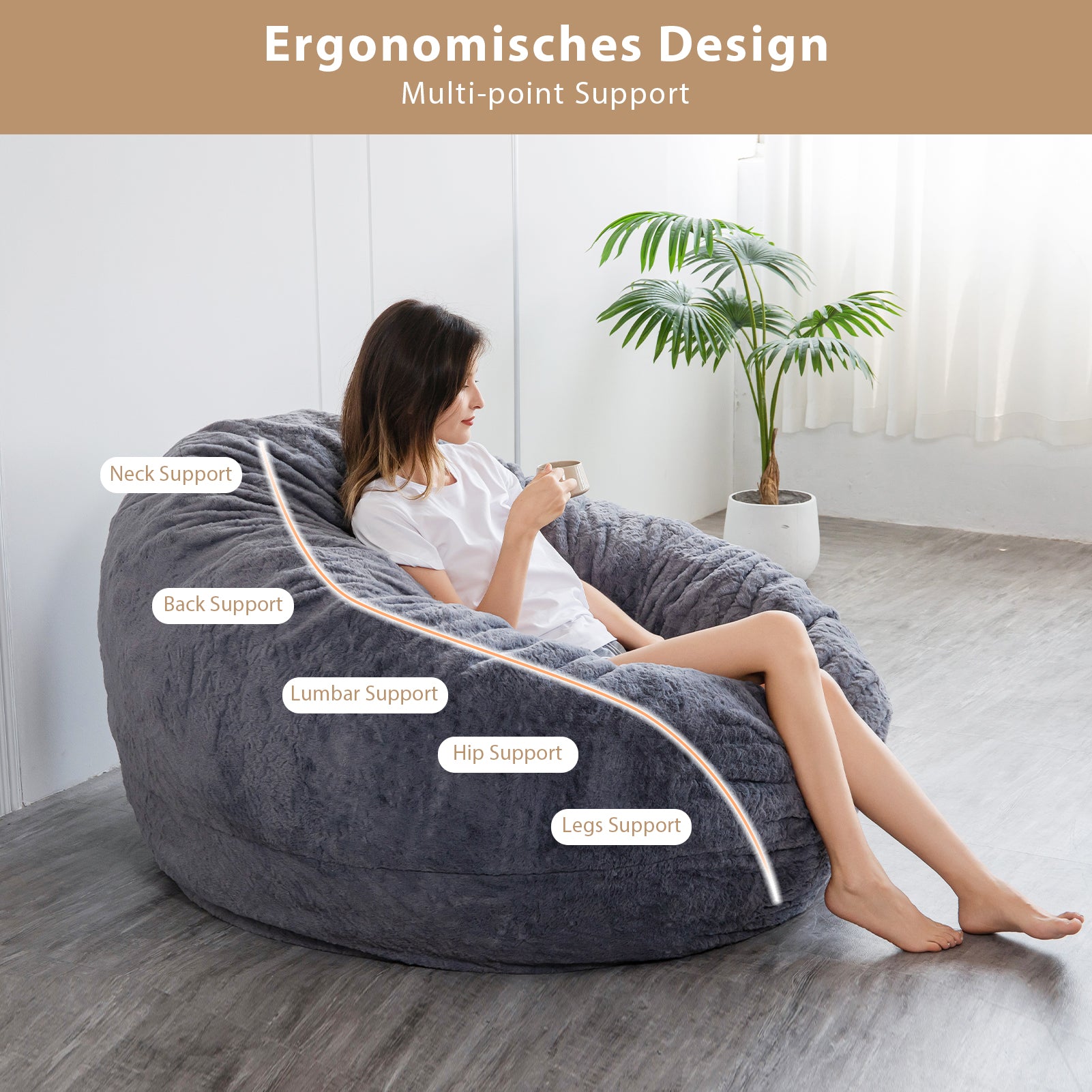 MAXYOYO Giant Fur Bean Bag Chair - Round Fluffy Bean Bag for Adults & Teens, Dark Grey - Perfect for Living Room, Bedroom, Game Room & Dorm Decor