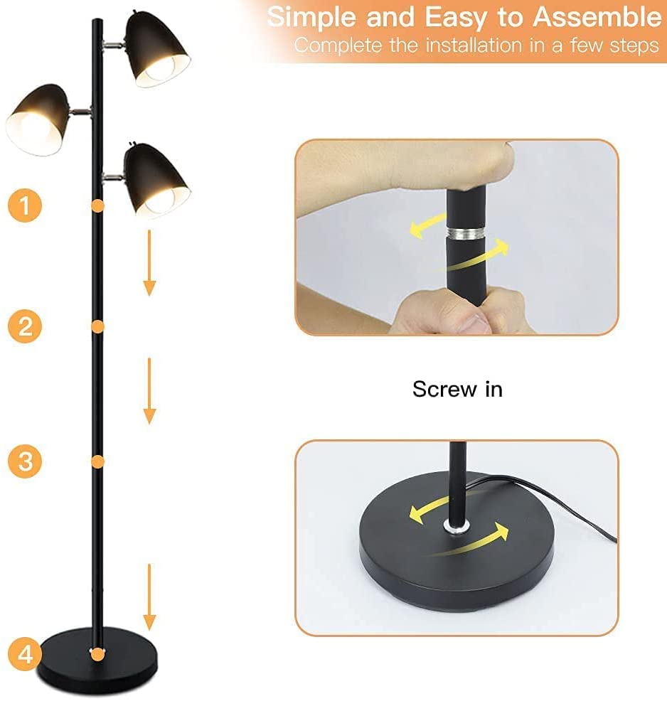 Depuley 3-Light Industrial Floor Lamp - Adjustable Metal Heads, Black Pole Modern Standing Light for Living Room, Bedroom, Office - E26 Base (Includes 3 x 9W LED Bulbs) - Perfect for Reading, Relaxing & Home Decor