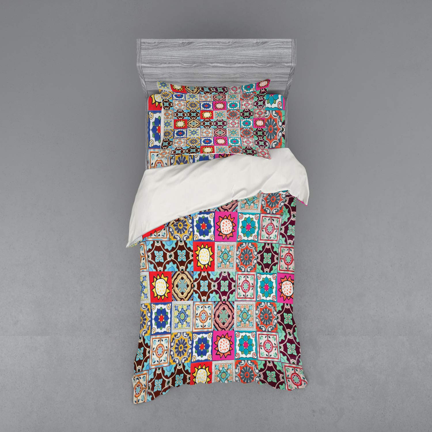 Ambesonne Moroccan Bedding Set - 3 Piece Duvet Cover Set with Sham & Fitted Sheet, Twin Size, Geometric Mosaic Tile Design in Multicolor | Perfect for Bohemian & Eclectic Bedroom Decor, Guest Rooms & Dorm Essentials