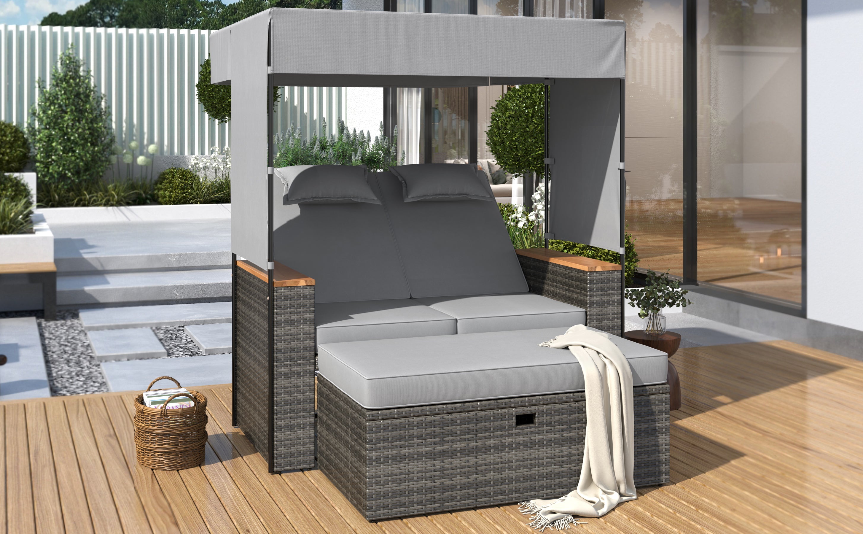 2-Piece Outdoor Rattan Daybed with 5 Adjustable Positions - Patio Loveseat Sofa Set for Poolside, Garden, or Backyard Relaxation