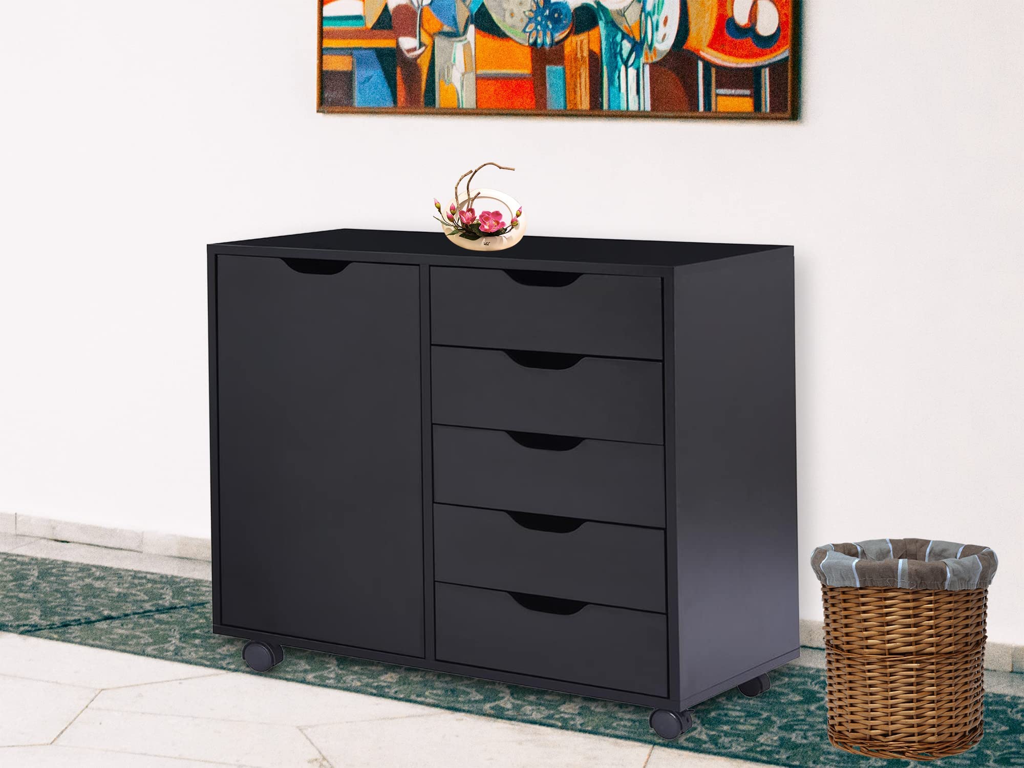 Naomi Home 5-Drawer Dresser with Wheels - Tall Bedroom Storage Cabinet with Shelves, 180 lbs Capacity - Black Small Dresser for Closet, Makeup Vanity & Bedroom Organization