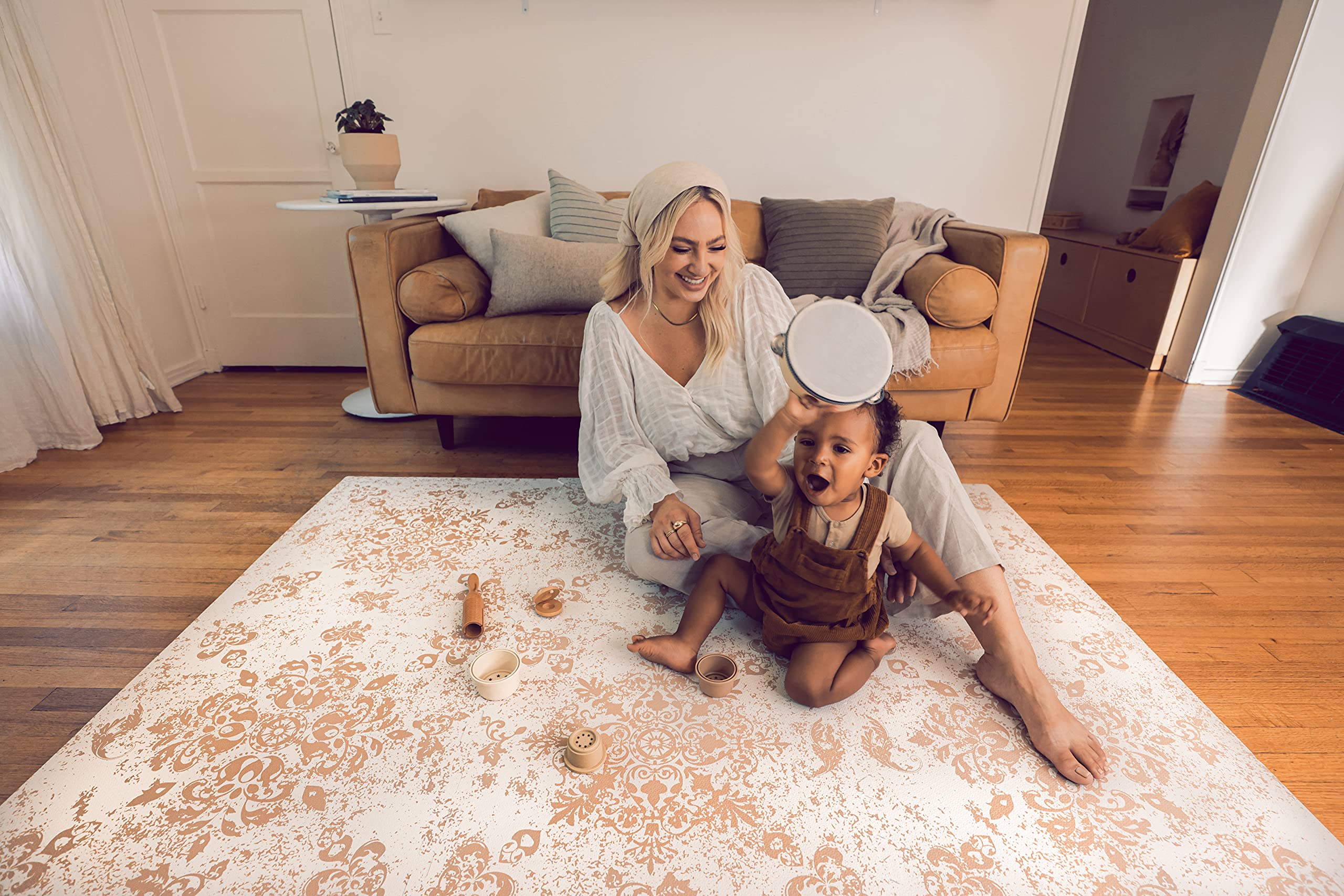 Famokids Baby Play Mat - 4' x 4' Soft Foam Floor Mat for Tummy Time, Crawling & Playroom | Non-Toxic, Expandable & Easy to Clean | Perfect for Nursery, Daycare & Home Play Areas (Palo Santo Orange)