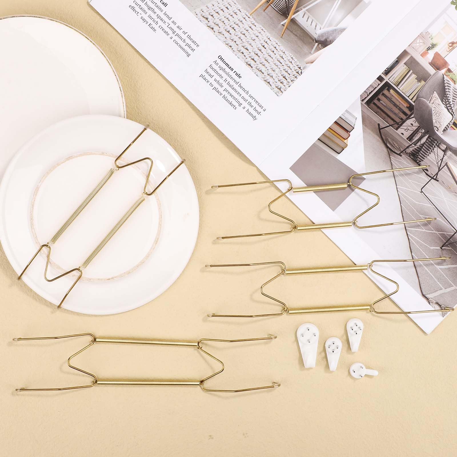 4 Pack Gold W-Shaped Plate Hangers for Wall - 6/8/10/12 Inch Stainless Steel Plate Holder Hooks - Vertical Display Mount for Decorative Plates, Antique Arts & Collectibles - Perfect for Dining Room, Kitchen Decor & Wall Gallery Display