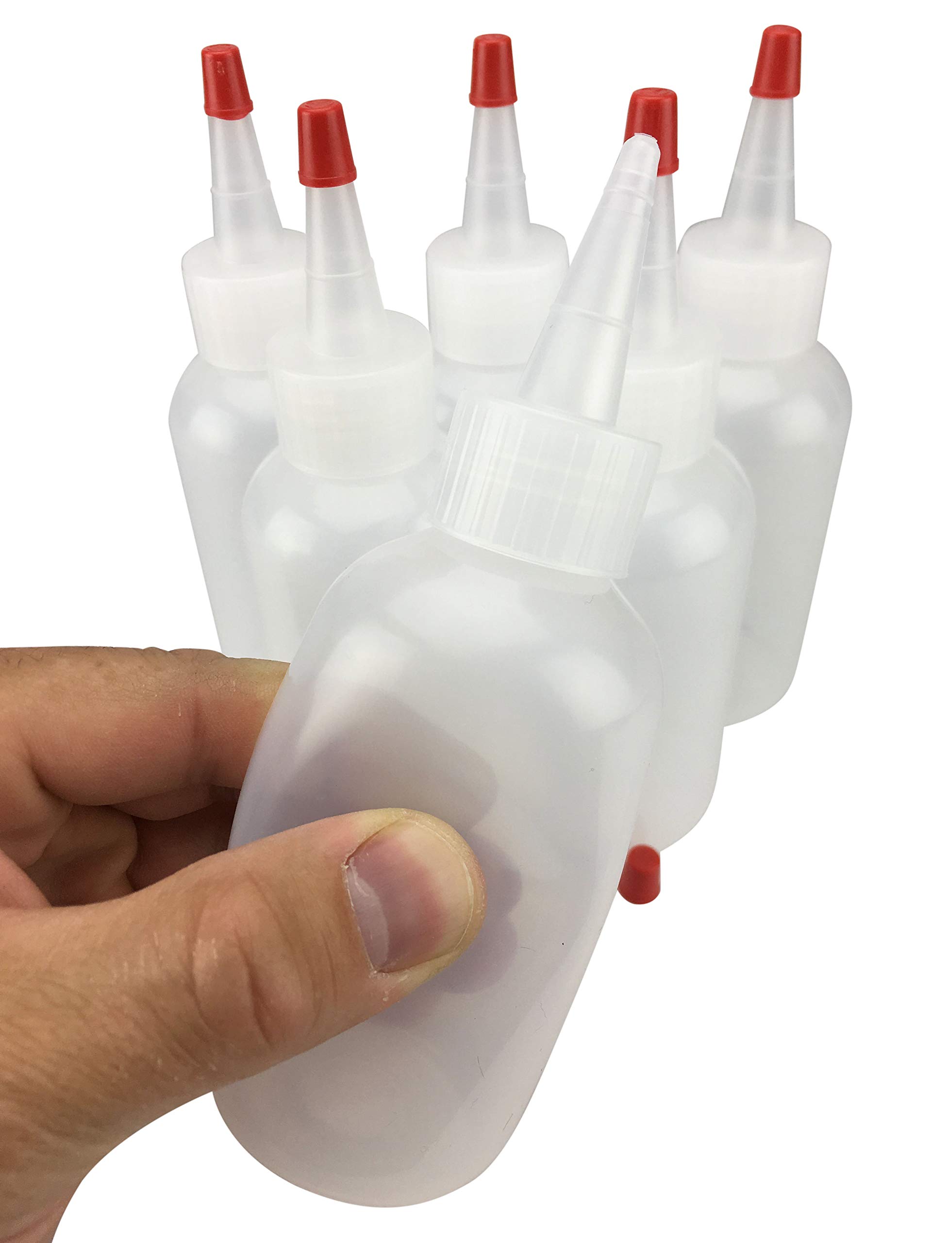 Hobbyland 4oz LDPE Plastic Squeeze Bottles with Yorker Spout & Red Caps - 6 Pack Boston Round Bottles for Kitchen, Crafts, Hair Dye & DIY Projects (24/410 Neck, 0.30 Hole Tips)
