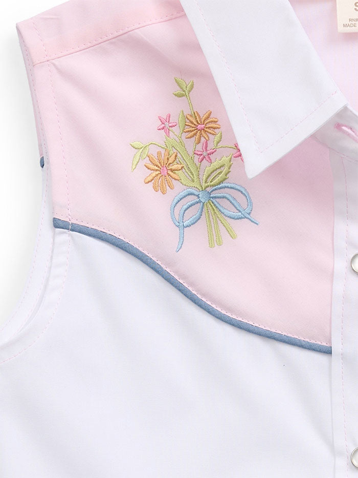 Ely Cattleman 525004 WH Girls Floral Embroidery Sleeveless Shirt - White & Pink Summer Top for Casual Wear, Outdoor Activities & Special Occasions