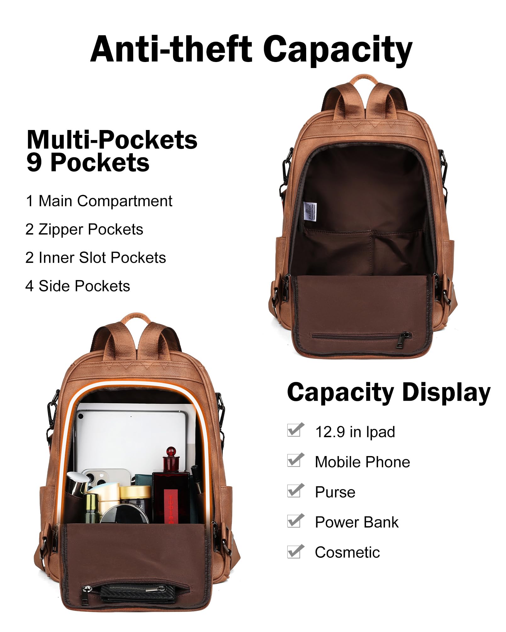 FADEON Anti Theft Backpack for Women - Stylish Faux Leather Laptop Backpack with Hidden Back Opening, Secure Work Bag & Travel Purse (Brown) - Perfect for Office, Commute & College Campus Use
