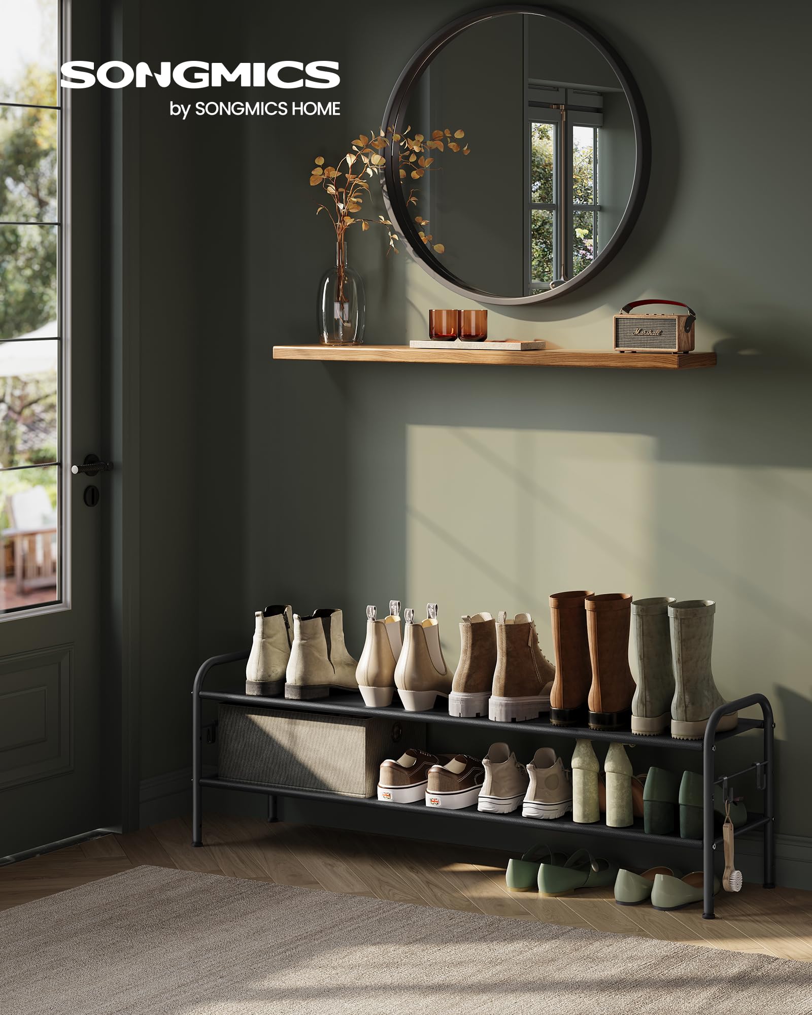 SONGMICS 2-Tier Fabric Shoe Rack Organizer with 4 Hooks - Holds 12 Pairs of Shoes, Adjustable Height for Entryway, Hallway & Closet - Easy Assembly, Space-Saving Shoe Storage Solution in Black - Perfect for Small Apartments & Mudroom Organization