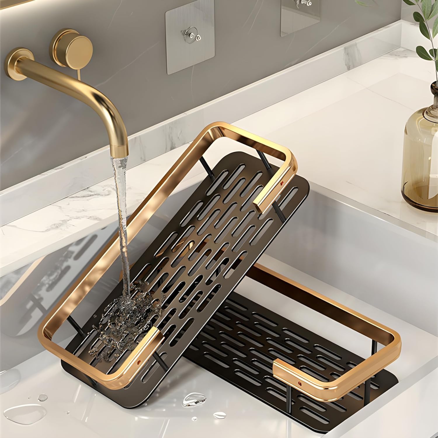 Multipurpose Self-Adhesive Aluminum Bathroom Wall Shelf Organizer - Gold (2 Pack) | Space-Saving Storage Rack for Bathroom, Kitchen, Office & Dorm | Holds Toiletries, Cosmetics, Spices & Office Supplies