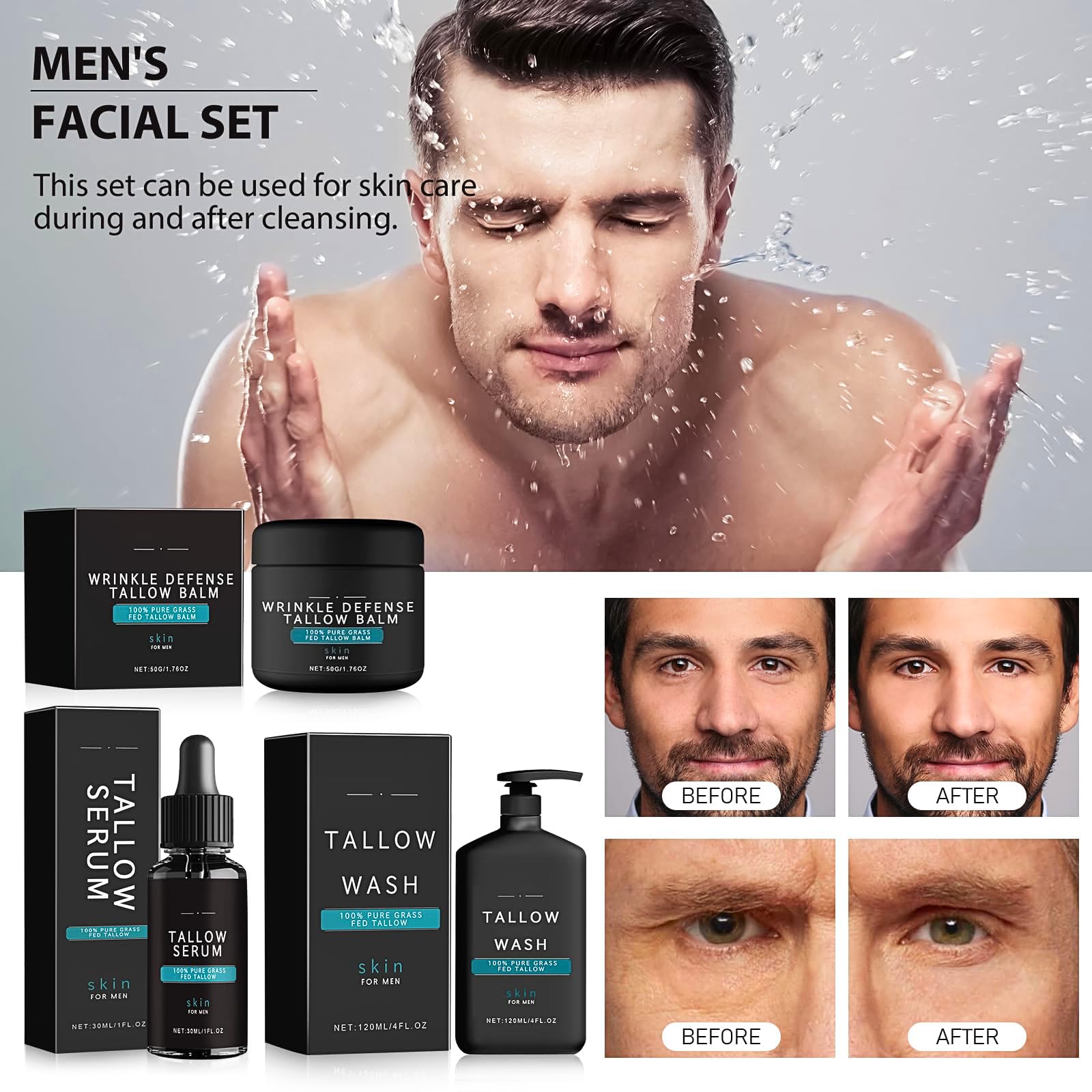 Wrinkle Defense Tallow Balm for Men - Anti-Aging Facial Kit with Face Wash, Night Serum & Moisturizing Balm - Gift Set for Day & Night Skincare Routine - Perfect for Dry Skin & Reducing Fine Lines