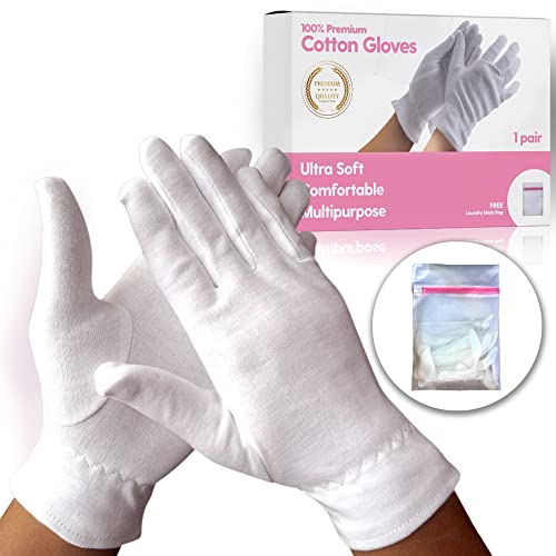 Premium White Cotton Gloves for Sleeping & Moisturizing - 1 Pair Eczema Relief & Dry Hands Care Gloves for Men & Women, Includes Mesh Laundry Bag - Perfect for Nighttime Skincare & Hand Treatment