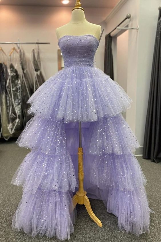 Light Purple Strapless A-Line Prom Dress with Layered Shiny Tulle - Elegant Evening Gown for Homecoming, Quinceañera & Formal Events