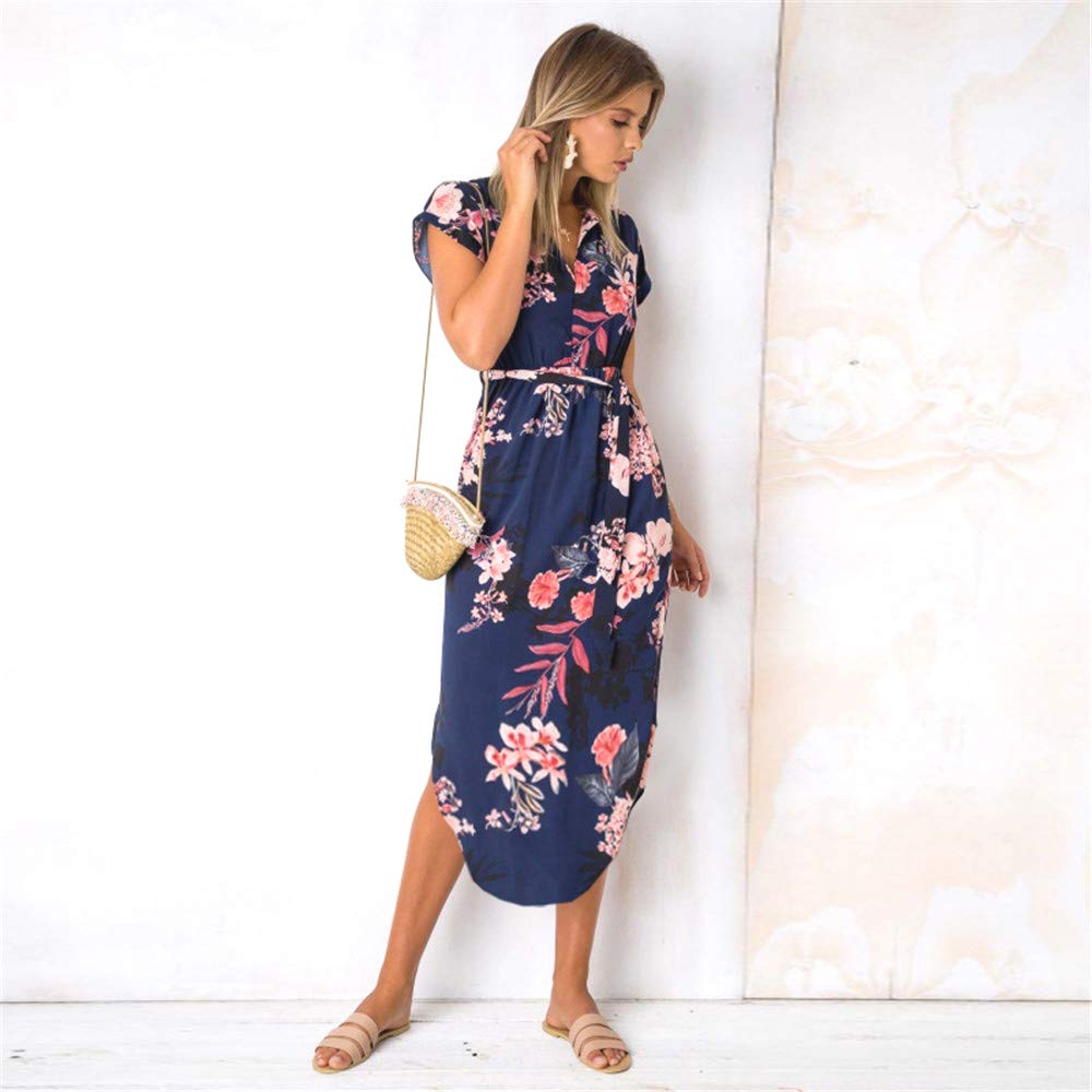 LitBud Women's Midi Dress - Summer V-Neck Short Sleeve Casual Office Dress with Geometric Belt | Perfect for Work, Date Night & Summer Outings