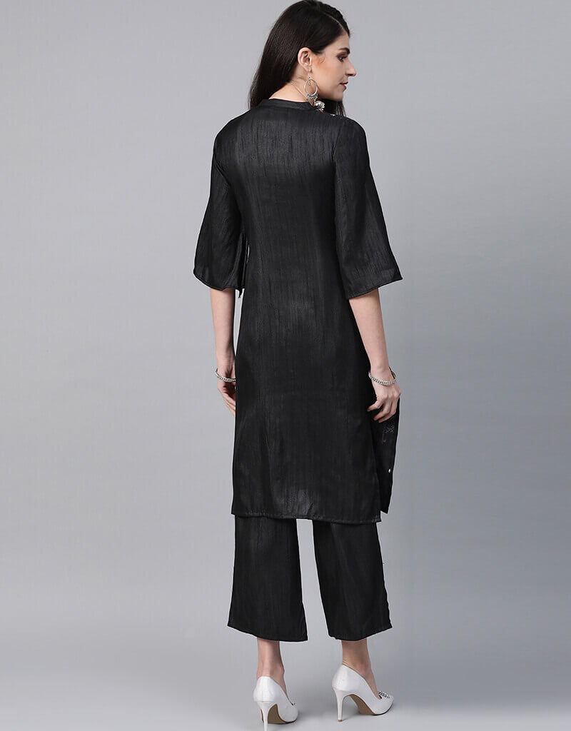 Elegant Black Poly Silk Palazzo Suit for Women - Comfortable & Stylish Wide Leg Pants Set for Casual Wear, Office, and Special Occasions