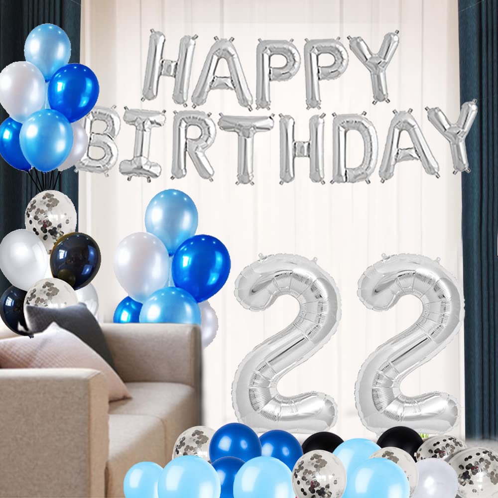 22nd Birthday Party Decorations Set - Happy Birthday Foil Banner, Number 22 & Star Balloons, 47pcs Silver & Blue Latex Balloons for Adult Birthday Celebration, Graduation Party, Anniversary Decorations