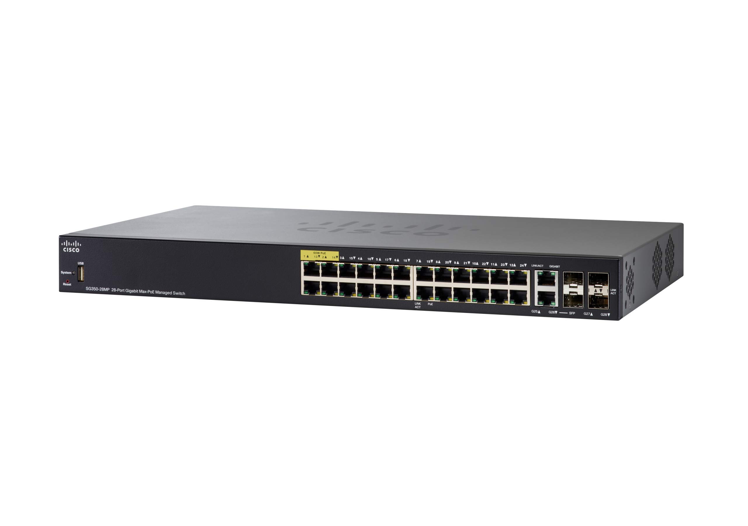 Cisco SG350-28MP 28-Port Gigabit Managed PoE Switch with 24 RJ45 Ports, 2 SFP Slots & 382W Power - Ideal for Business Networks, Office Connectivity & Smart Home Installations (SG350-28MP-K9-NA)