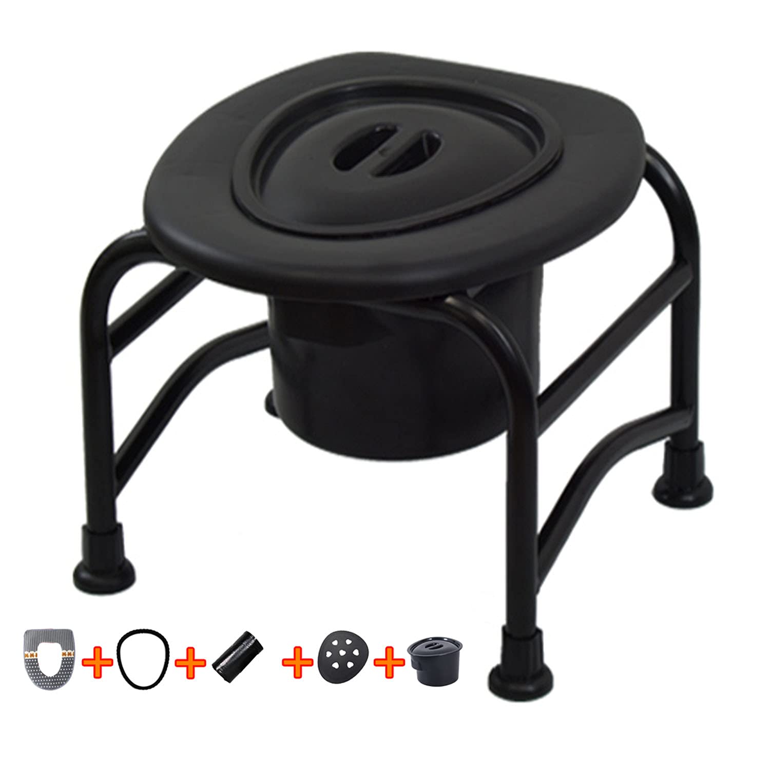 Portable Commode Bedside Chair with Bucket & Padded Cushion - Stainless Steel Shower Chair for Elderly, Disabled & Pregnant Women - Includes Garbage Bag - Ideal for Home Care, Hospital Use & Bathroom Safety