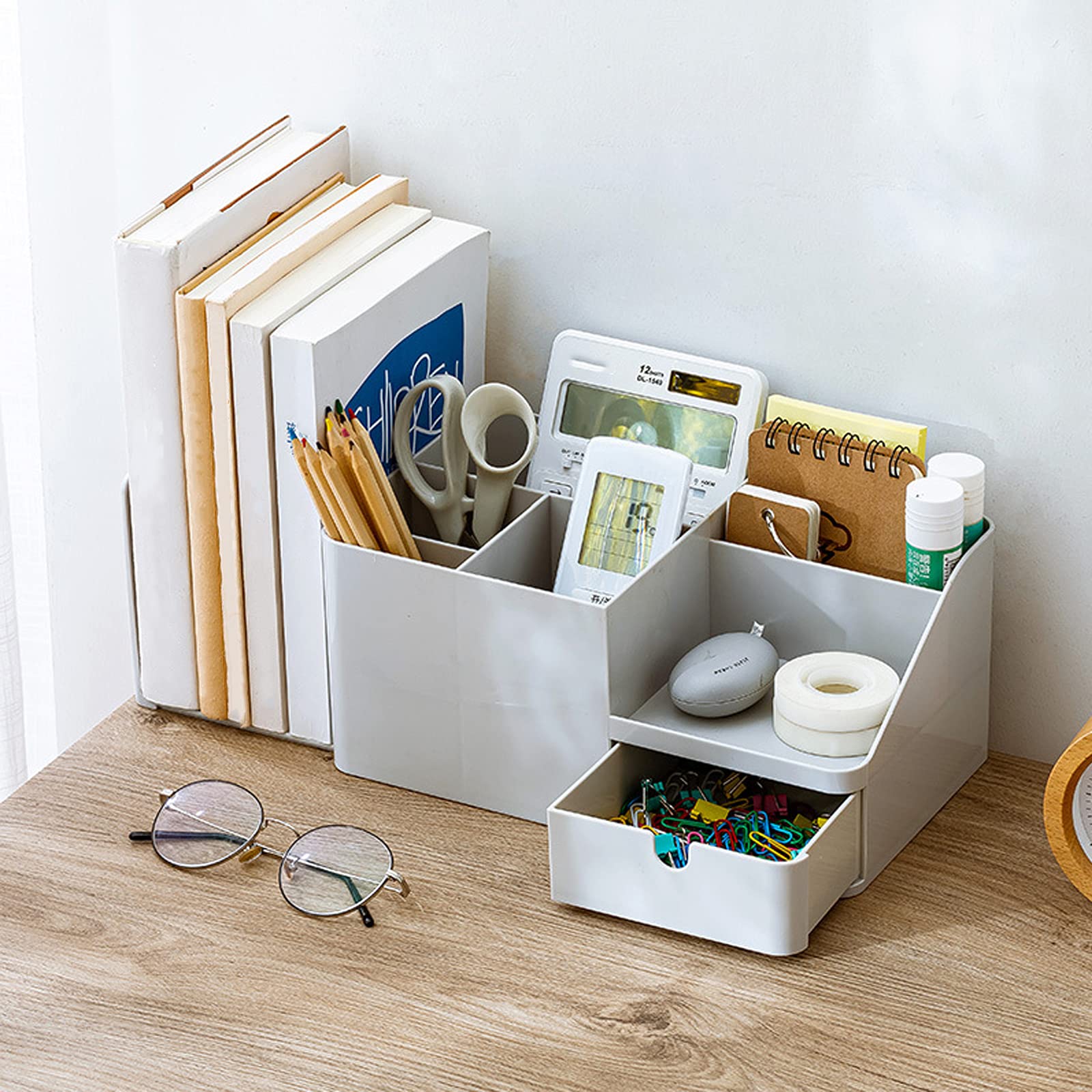 Large Capacity Desk Organizer with Drawer - Bookends, Stationery Supplies & Bookshelf Accessories - Plastic Pen Holder & Makeup Storage Caddy (Grey) - Perfect for Office, Study & Home Organization